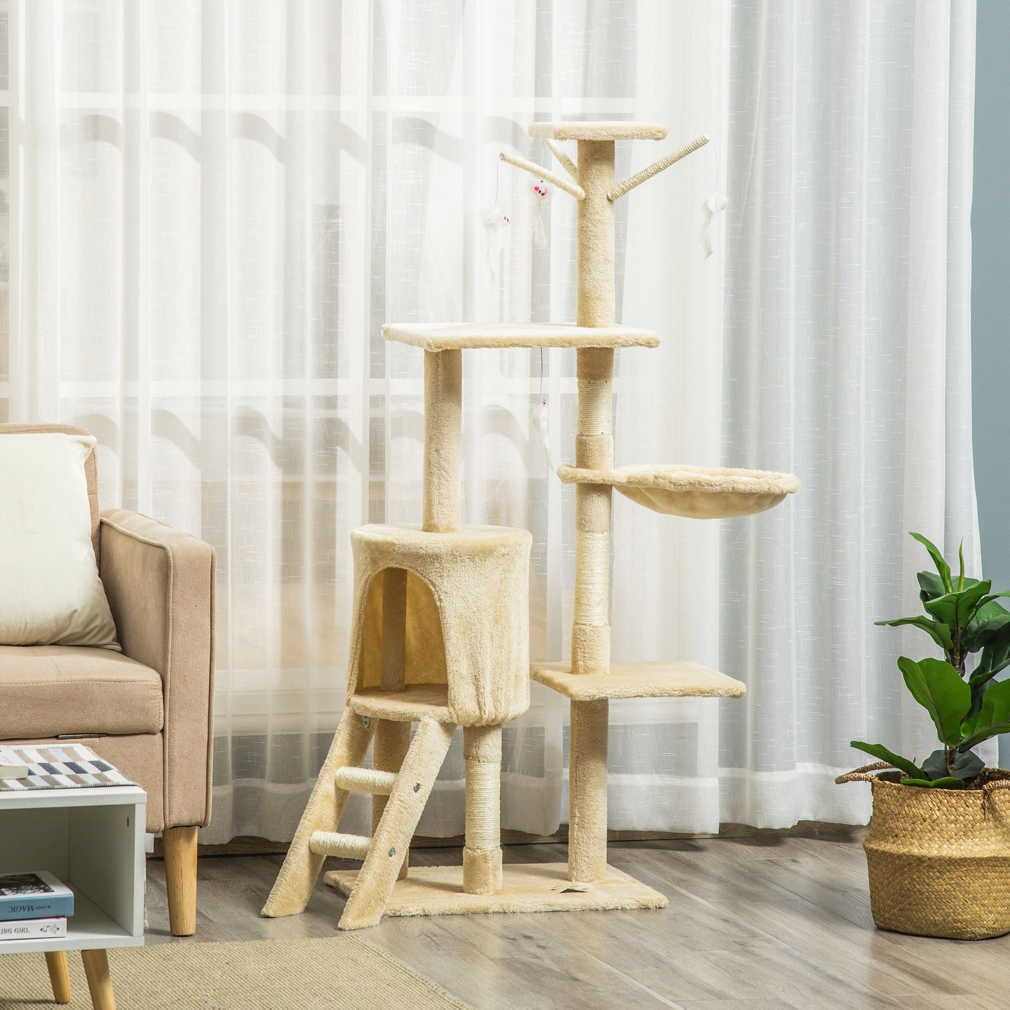 CARLA HOME 134cm Cat Tree for Indoor Cats with Hammock, Plush Perch & Sisal Scratching Posts for Kittens & Adult Cats Beige
