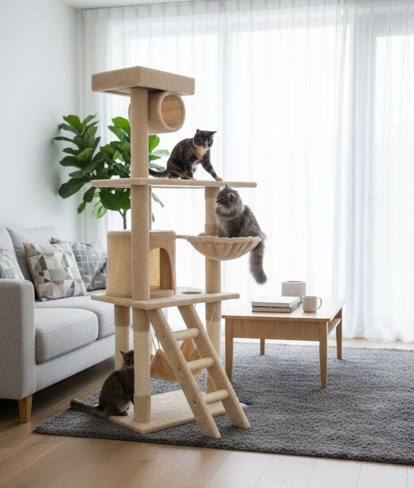 CARLA HOME 141cm Cat Tree Tower for Indoor Cats with Plush Perch, Ladder, Sisal Scratching Posts, Hammock & Condo for Kittens & Adult Cats Beige
