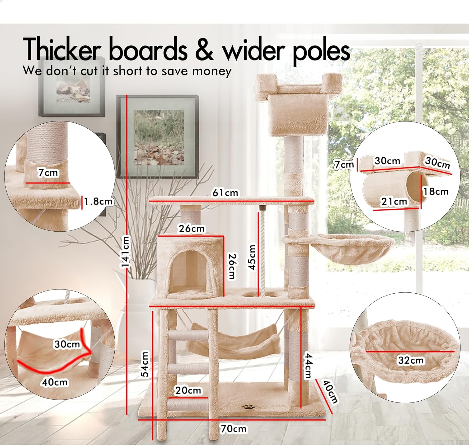 CARLA HOME 141cm Cat Tree Tower for Indoor Cats with Plush Perch, Ladder, Sisal Scratching Posts, Hammock & Condo for Kittens & Adult Cats Beige