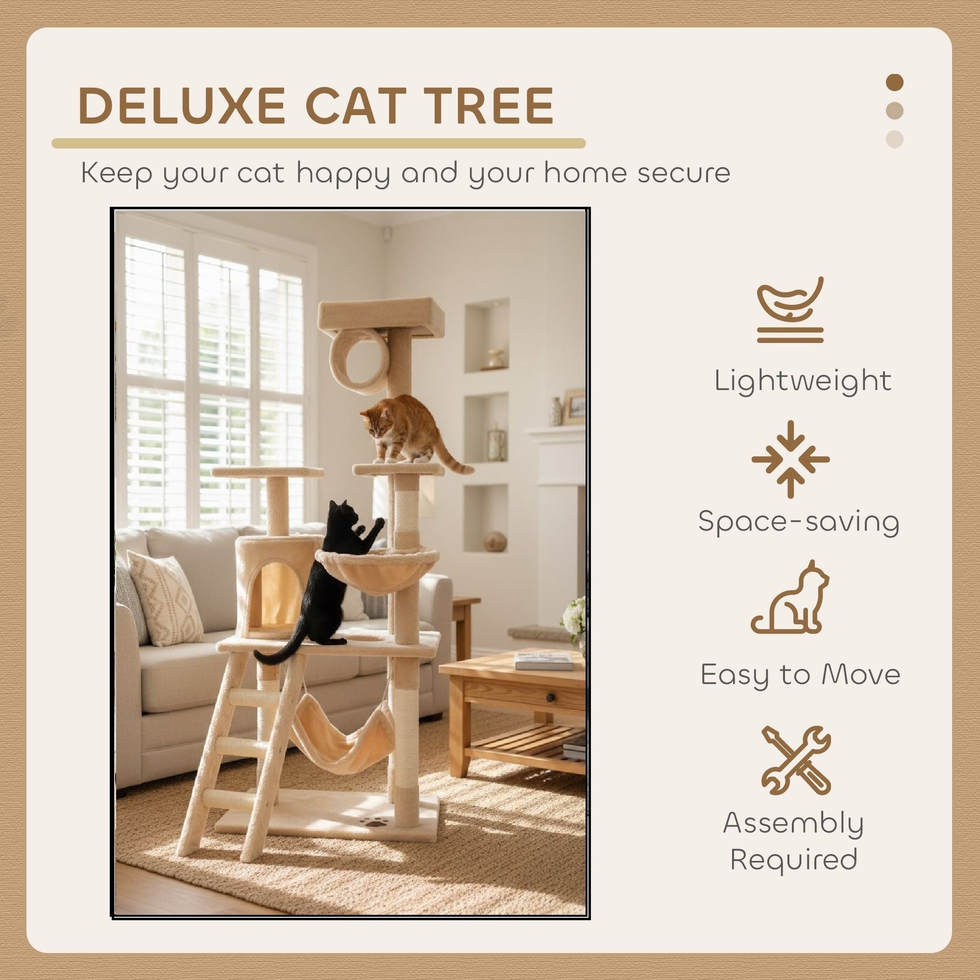 CARLA HOME 141cm Cat Tree Tower for Indoor Cats with Plush Perch, Ladder, Sisal Scratching Posts, Hammock & Condo for Kittens & Adult Cats Beige