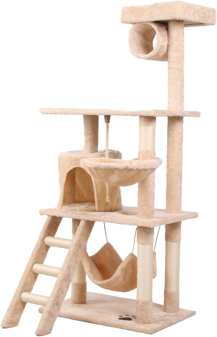 CARLA HOME 141cm Cat Tree Tower for Indoor Cats with Plush Perch, Ladder, Sisal Scratching Posts, Hammock & Condo for Kittens & Adult Cats Beige