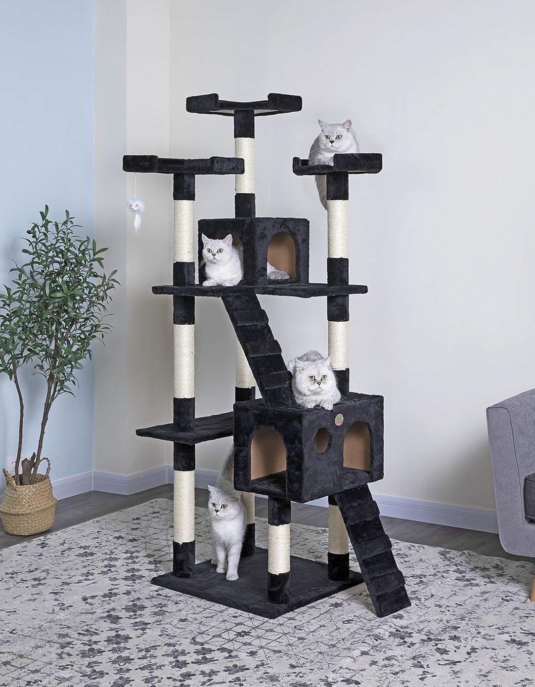 CARLA HOME 180cm Cat Tree Tower for Indoor Cats with Dual Condos, Plush Perches, Sisal Scratching Posts & Ramps for Kittens & Adult Cats Black