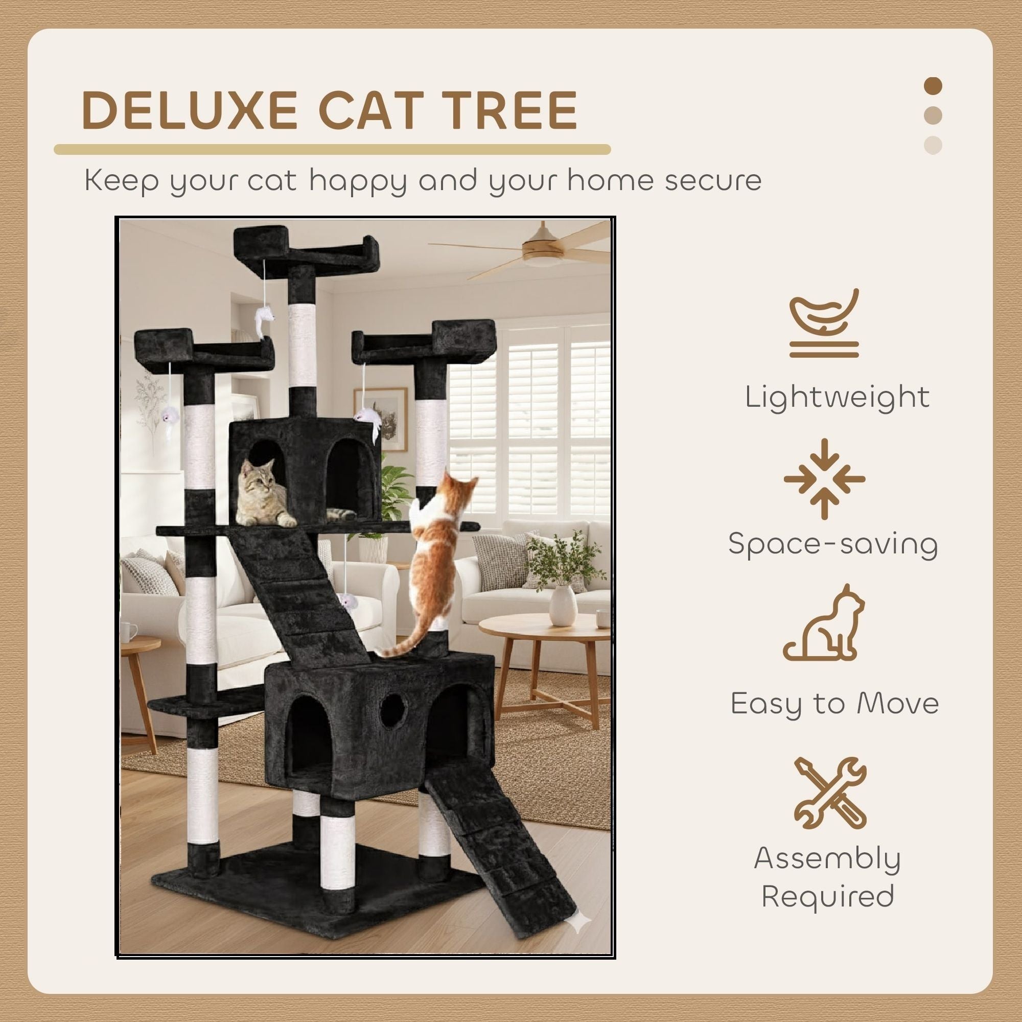 CARLA HOME 180cm Cat Tree Tower for Indoor Cats with Dual Condos, Plush Perches, Sisal Scratching Posts & Ramps for Kittens & Adult Cats Black
