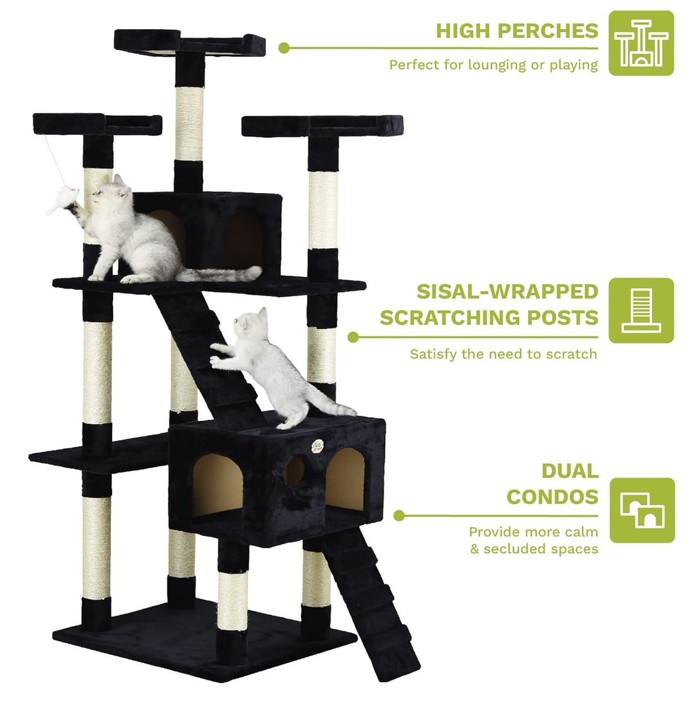 CARLA HOME 180cm Cat Tree Tower for Indoor Cats with Dual Condos, Plush Perches, Sisal Scratching Posts & Ramps for Kittens & Adult Cats Black