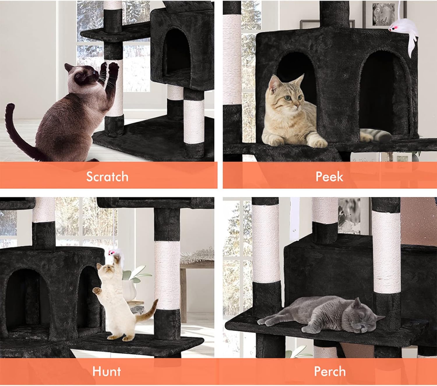 CARLA HOME 180cm Cat Tree Tower for Indoor Cats with Dual Condos, Plush Perches, Sisal Scratching Posts & Ramps for Kittens & Adult Cats Black