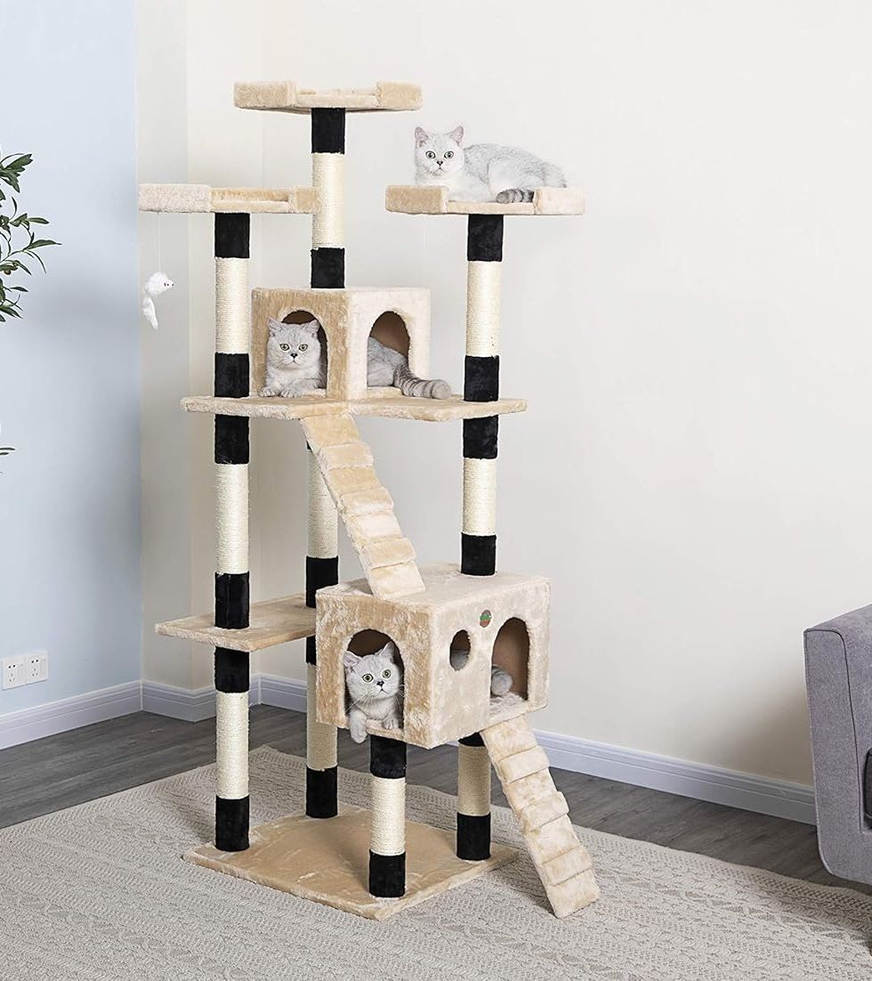 CARLA HOME 180cm Cat Tree Tower for Indoor Cats with Dual Condos, Plush Perches, Sisal Scratching Posts & Ramps for Kittens & Adult Cats Beige