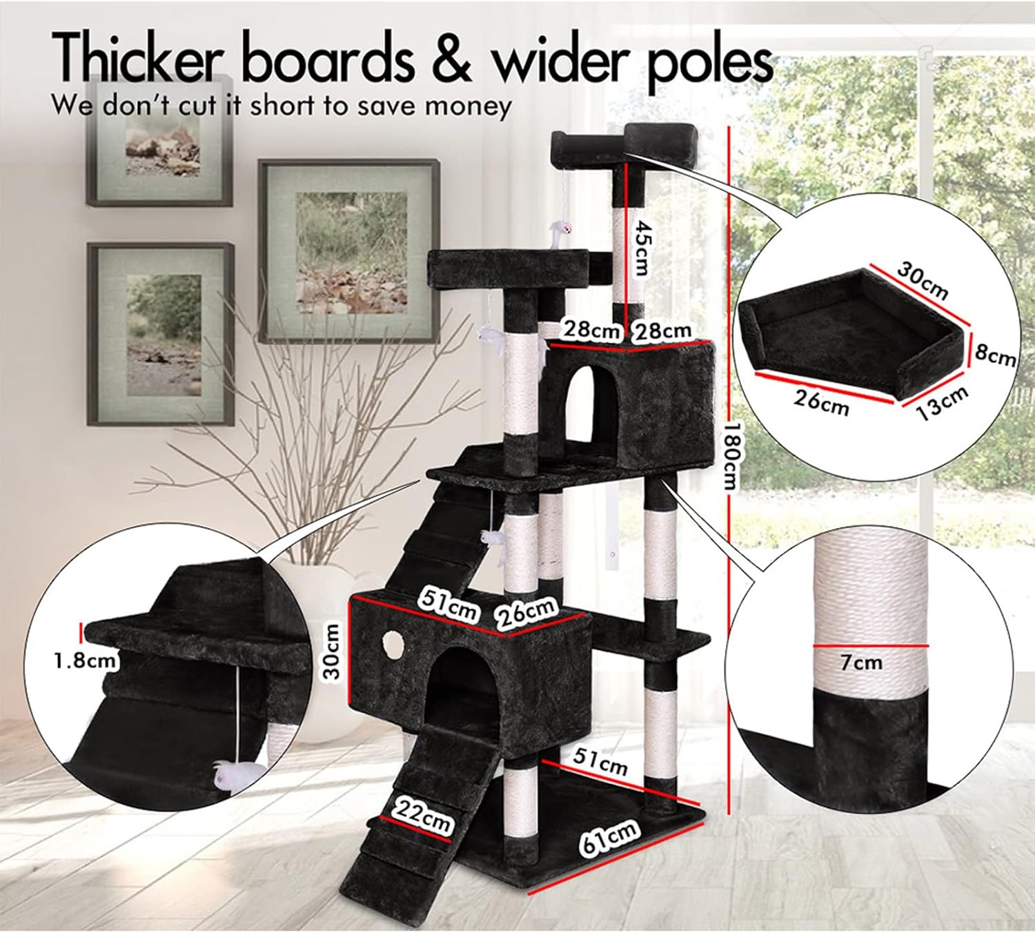 CARLA HOME 180cm Cat Tree Tower for Indoor Cats with Dual Condos, Plush Perches, Sisal Scratching Posts & Ramps for Kittens & Adult Cats Beige