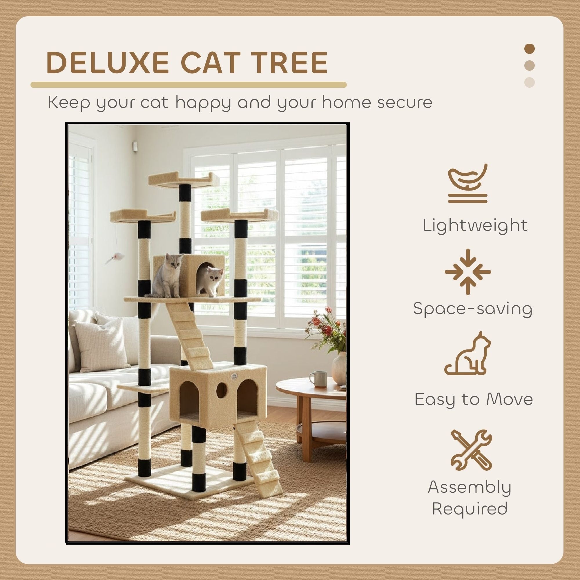 CARLA HOME 180cm Cat Tree Tower for Indoor Cats with Dual Condos, Plush Perches, Sisal Scratching Posts & Ramps for Kittens & Adult Cats Beige
