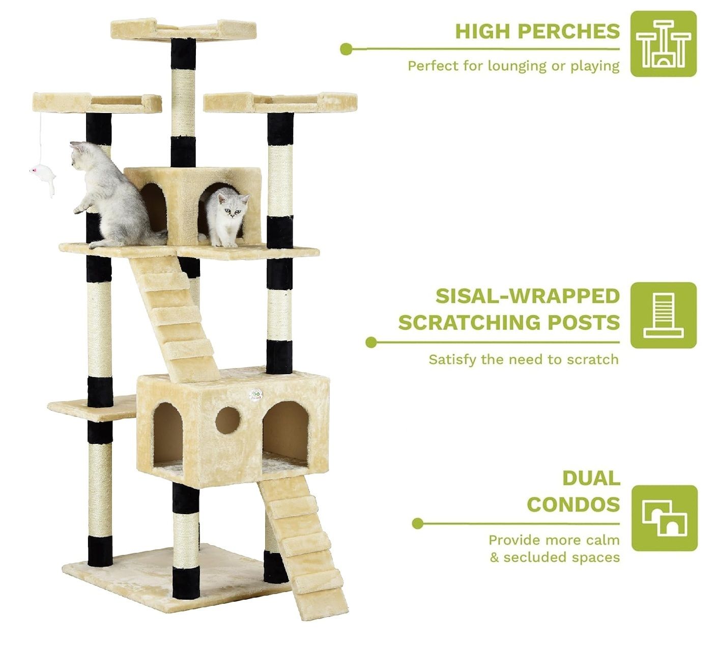 CARLA HOME 180cm Cat Tree Tower for Indoor Cats with Dual Condos, Plush Perches, Sisal Scratching Posts & Ramps for Kittens & Adult Cats Beige