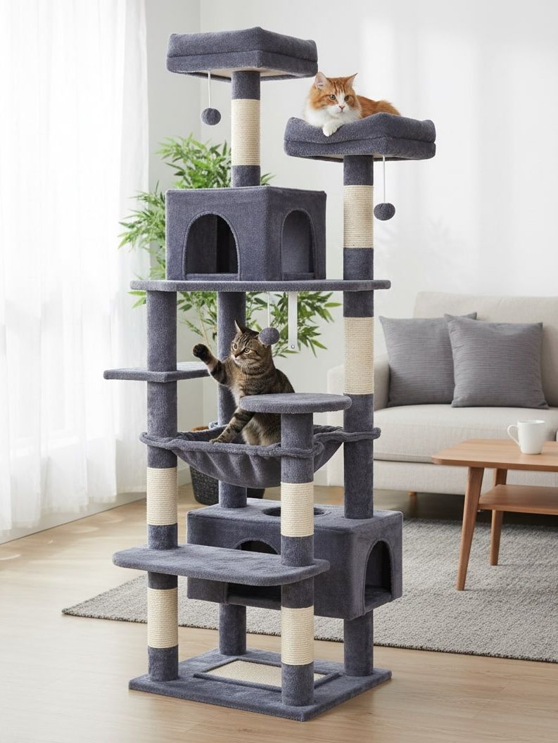 CARLA HOME 180cm Cat Tree Tower for Indoor Cats with Plush Perches, Dual Condos, Natural Sisal Scratching Posts & Ramps for Kittens & Adult Cats Grey