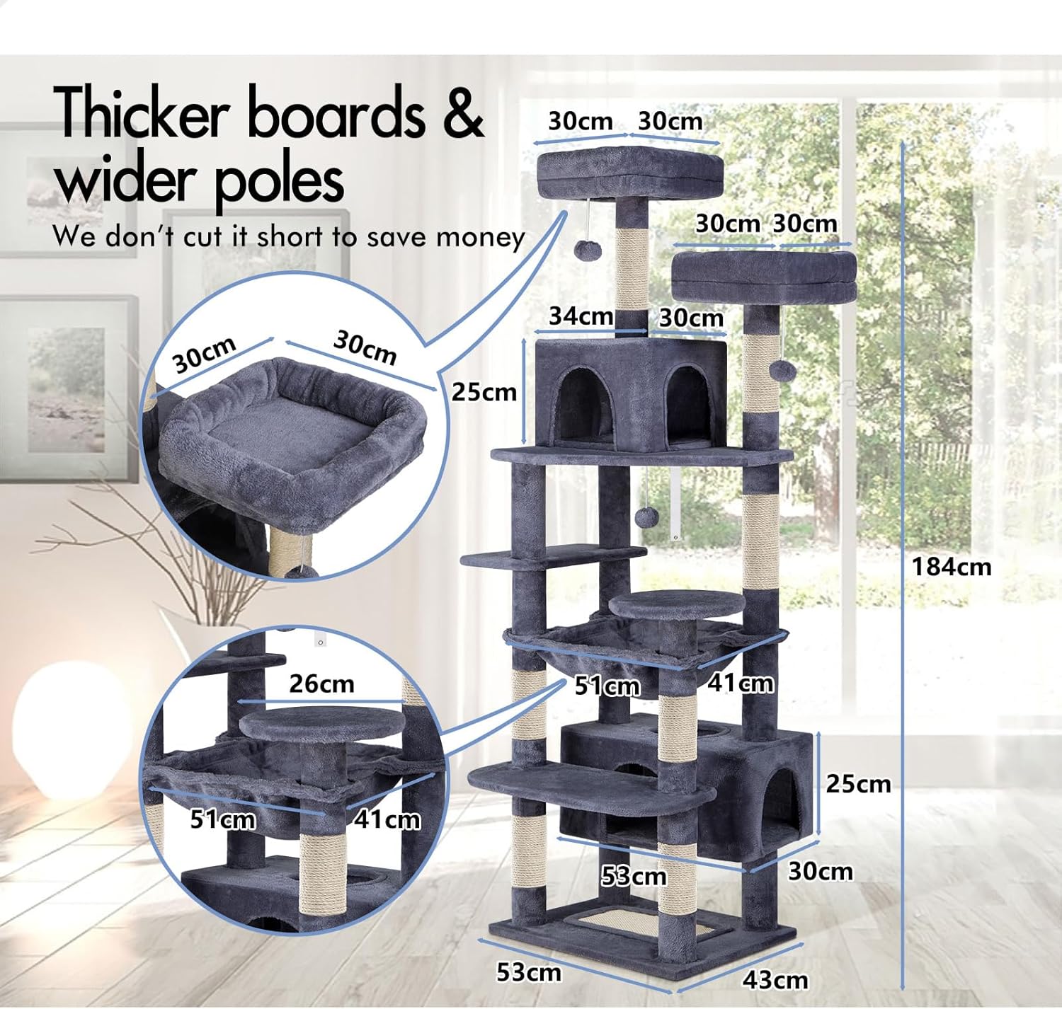 CARLA HOME 180cm Cat Tree Tower for Indoor Cats with Plush Perches, Dual Condos, Natural Sisal Scratching Posts & Ramps for Kittens & Adult Cats Grey