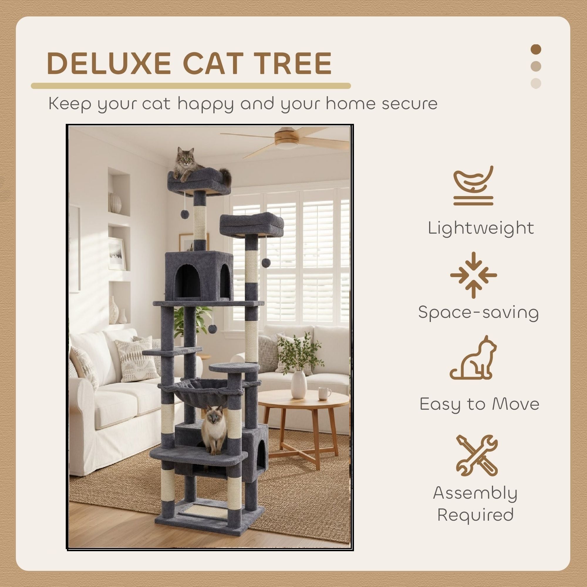 CARLA HOME 180cm Cat Tree Tower for Indoor Cats with Plush Perches, Dual Condos, Natural Sisal Scratching Posts & Ramps for Kittens & Adult Cats Grey
