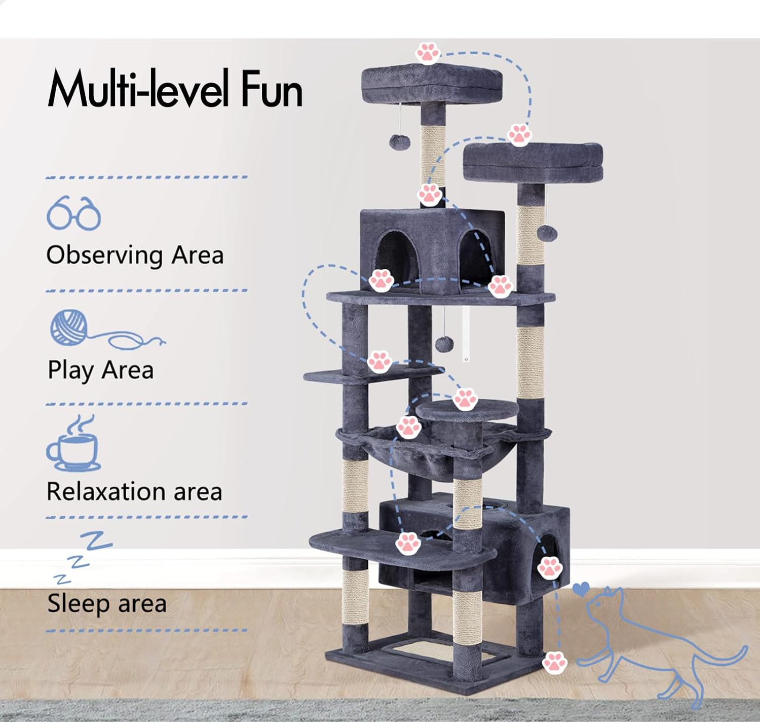CARLA HOME 180cm Cat Tree Tower for Indoor Cats with Plush Perches, Dual Condos, Natural Sisal Scratching Posts & Ramps for Kittens & Adult Cats Grey