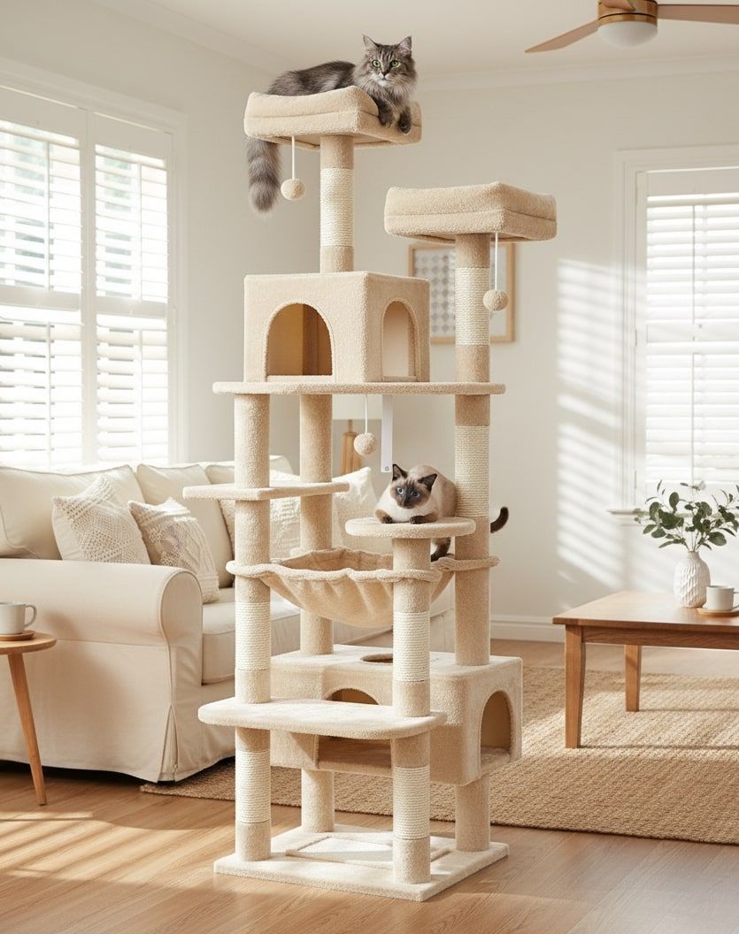 CARLA HOME 180cm Cat Tree Tower for Indoor Cats with Plush Perches, Dual Condos, Natural Sisal Scratching Posts & Ramps for Kittens & Adult Cats Beige