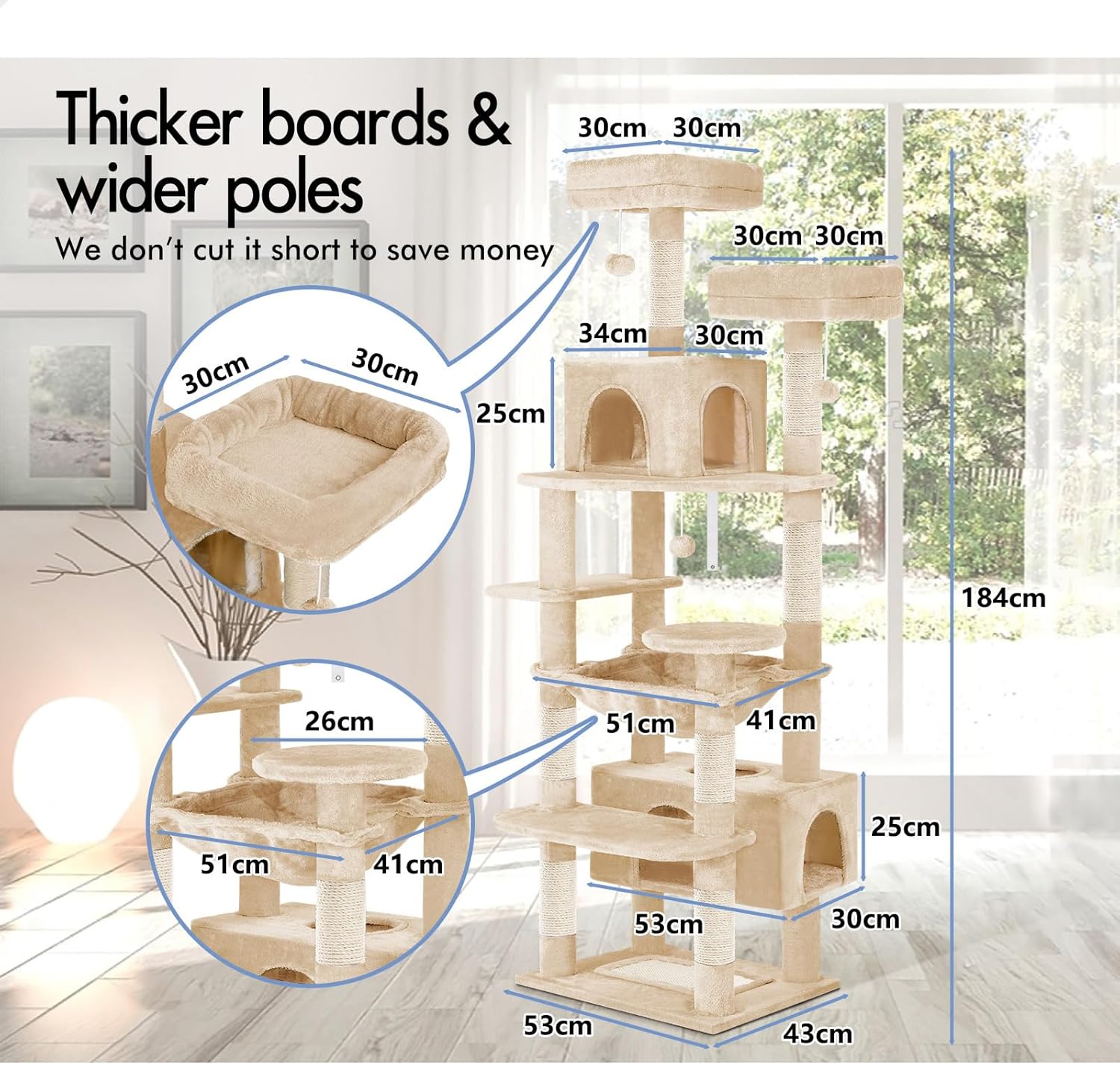 CARLA HOME 180cm Cat Tree Tower for Indoor Cats with Plush Perches, Dual Condos, Natural Sisal Scratching Posts & Ramps for Kittens & Adult Cats Beige