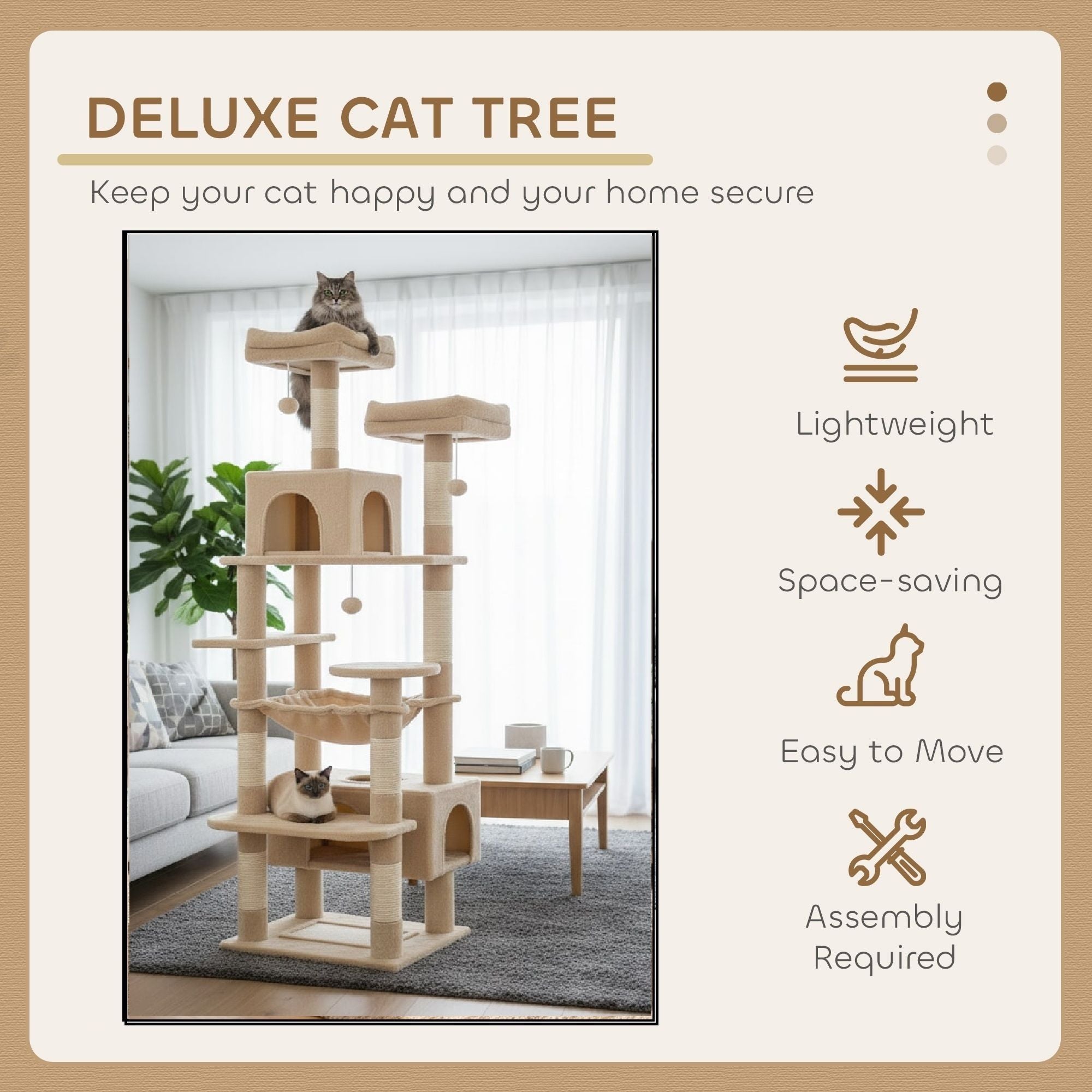 CARLA HOME 180cm Cat Tree Tower for Indoor Cats with Plush Perches, Dual Condos, Natural Sisal Scratching Posts & Ramps for Kittens & Adult Cats Beige
