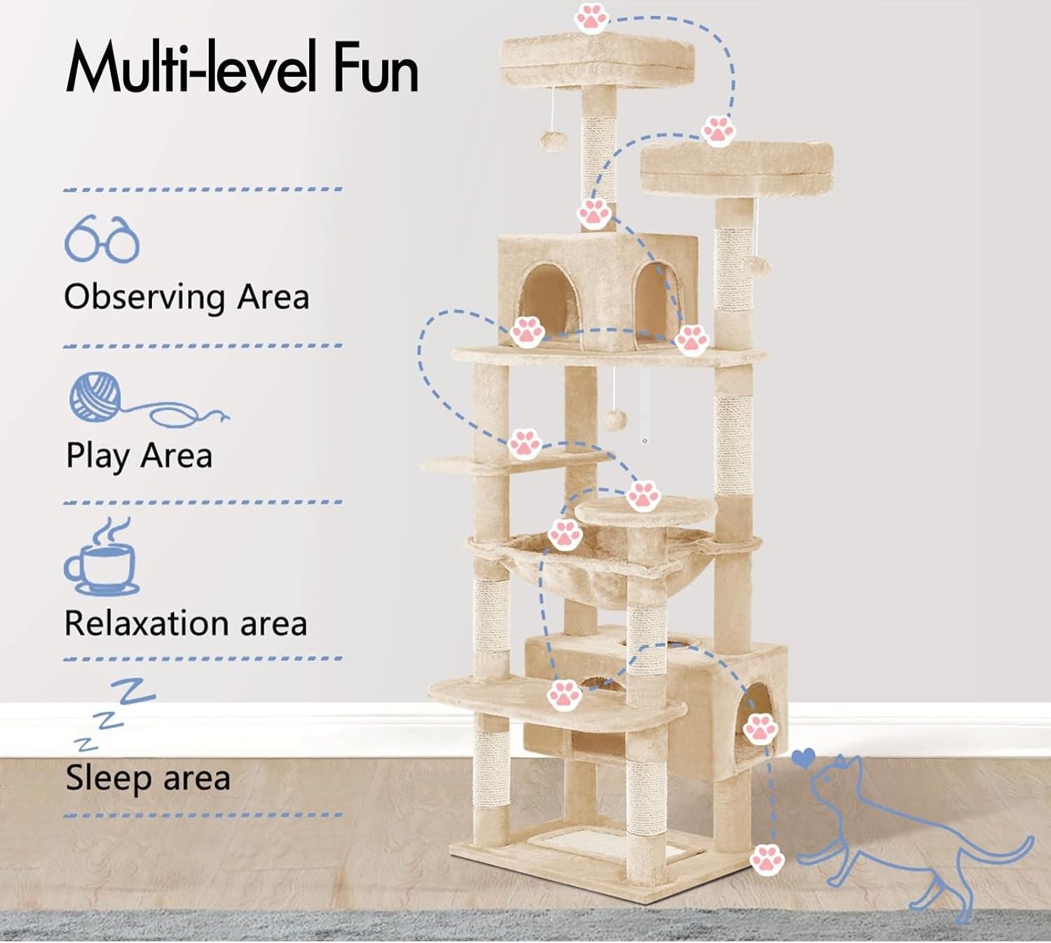 CARLA HOME 180cm Cat Tree Tower for Indoor Cats with Plush Perches, Dual Condos, Natural Sisal Scratching Posts & Ramps for Kittens & Adult Cats Beige
