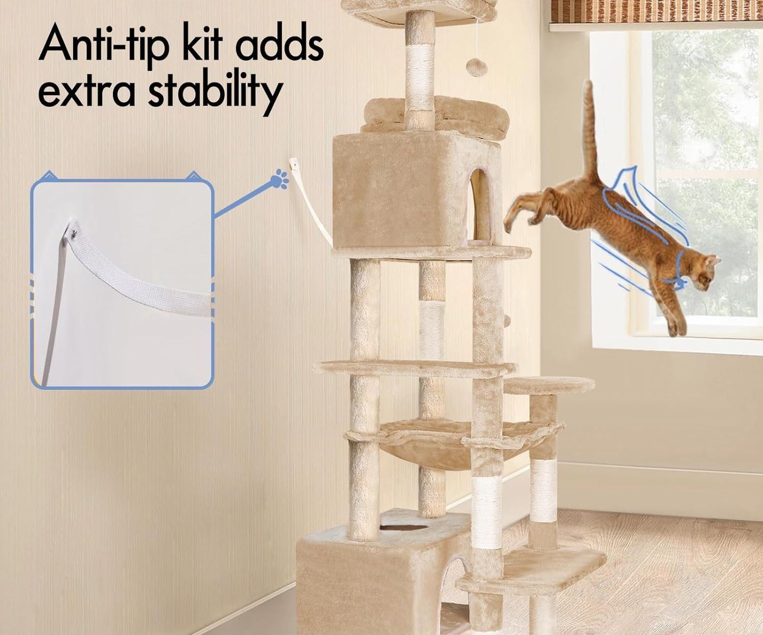 CARLA HOME 180cm Cat Tree Tower for Indoor Cats with Plush Perches, Dual Condos, Natural Sisal Scratching Posts & Ramps for Kittens & Adult Cats Beige