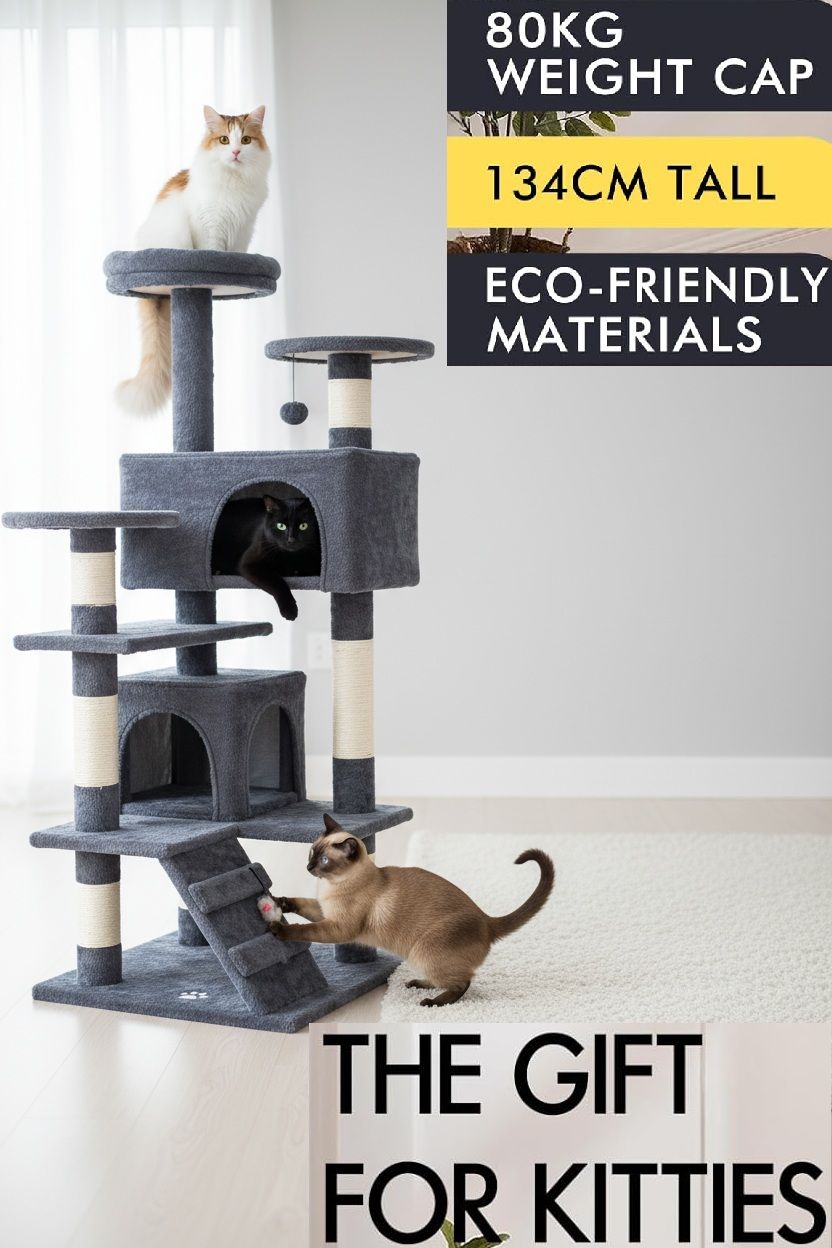 CARLA HOME 180cm Cat Tree Tower for Indoor Cats with Plush Perches, Dual Condos, Natural Sisal Scratching Posts & Ramp for Kittens & Adult Cats Dark Grey