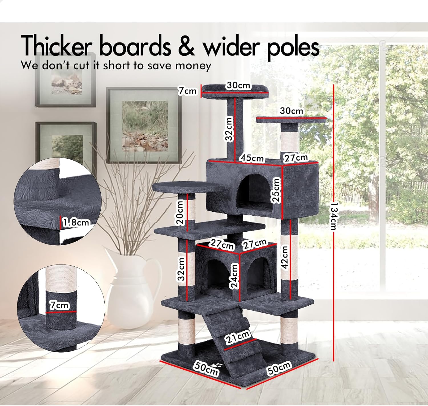 CARLA HOME 180cm Cat Tree Tower for Indoor Cats with Plush Perches, Dual Condos, Natural Sisal Scratching Posts & Ramp for Kittens & Adult Cats Dark Grey