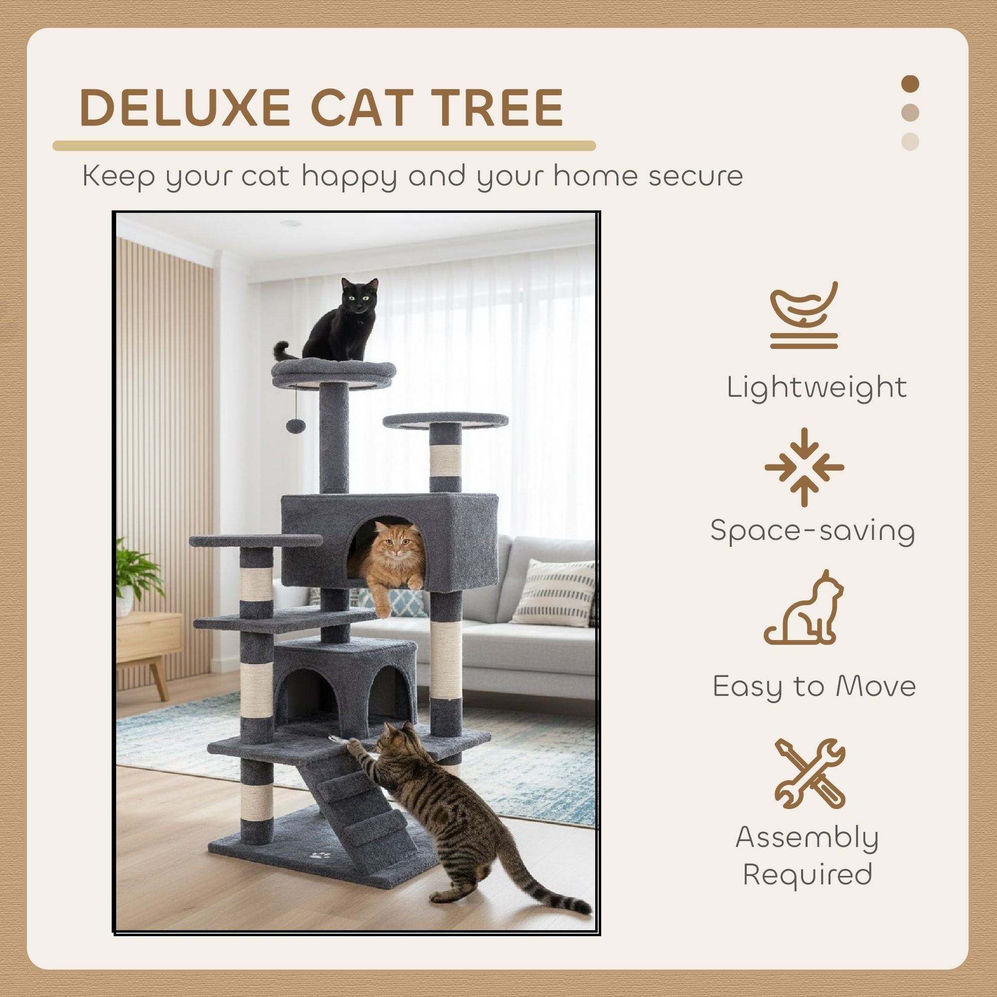 CARLA HOME 180cm Cat Tree Tower for Indoor Cats with Plush Perches, Dual Condos, Natural Sisal Scratching Posts & Ramp for Kittens & Adult Cats Dark Grey