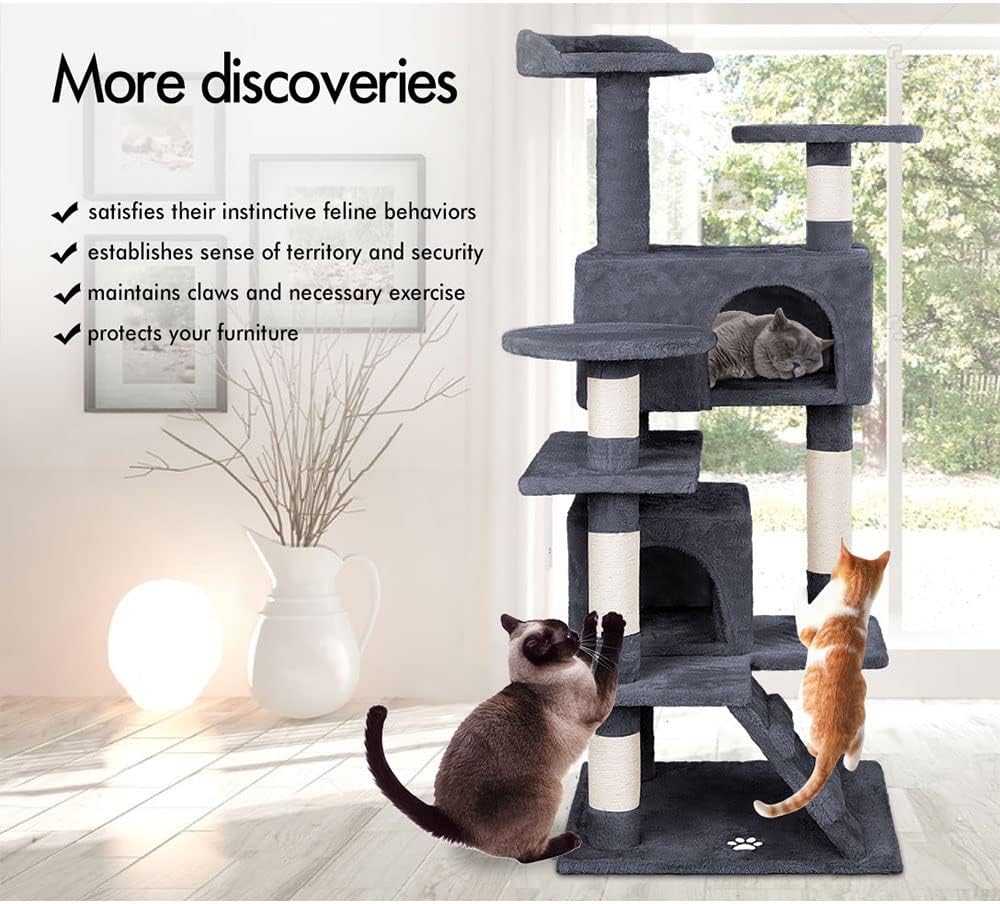 CARLA HOME 180cm Cat Tree Tower for Indoor Cats with Plush Perches, Dual Condos, Natural Sisal Scratching Posts & Ramp for Kittens & Adult Cats Dark Grey