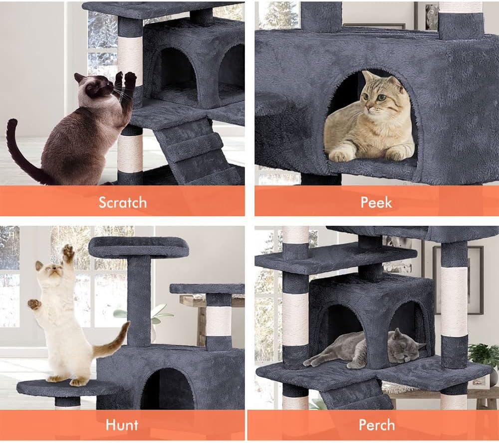CARLA HOME 180cm Cat Tree Tower for Indoor Cats with Plush Perches, Dual Condos, Natural Sisal Scratching Posts & Ramp for Kittens & Adult Cats Dark Grey