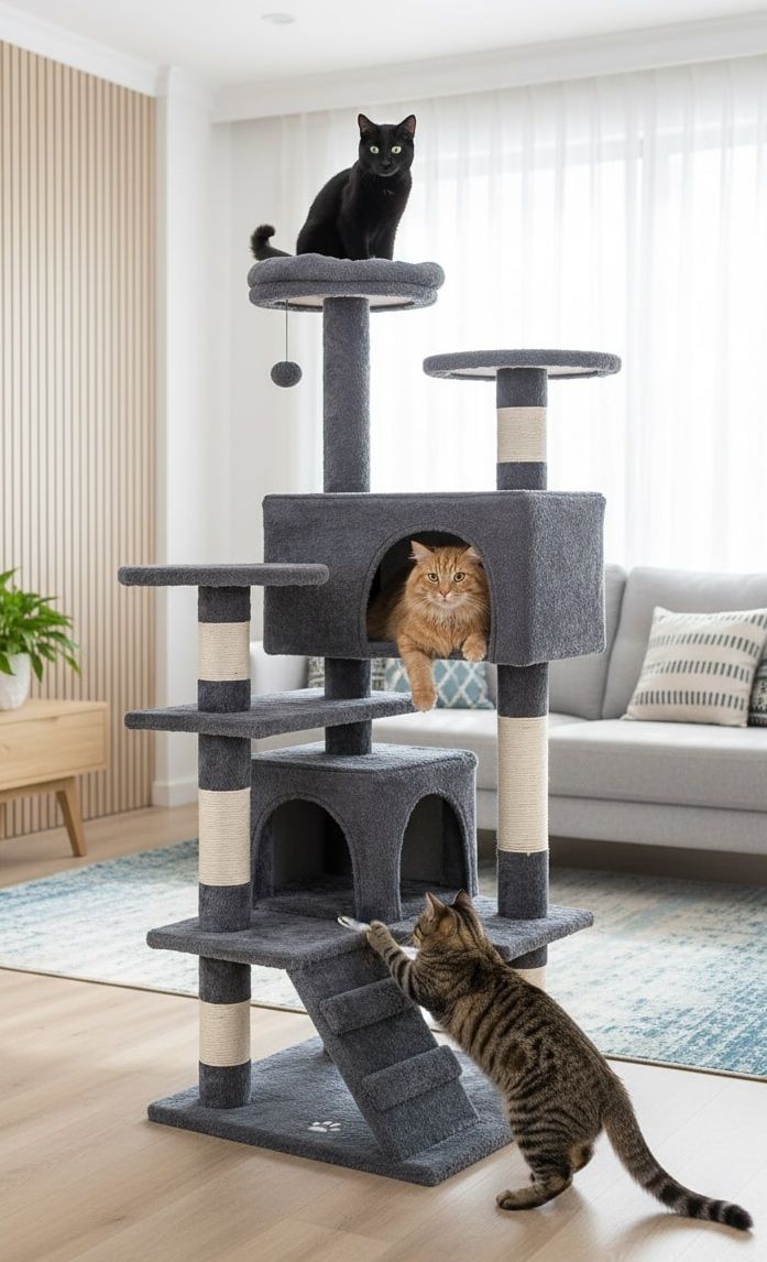 CARLA HOME 180cm Cat Tree Tower for Indoor Cats with Plush Perches, Dual Condos, Natural Sisal Scratching Posts & Ramp for Kittens & Adult Cats Dark Grey