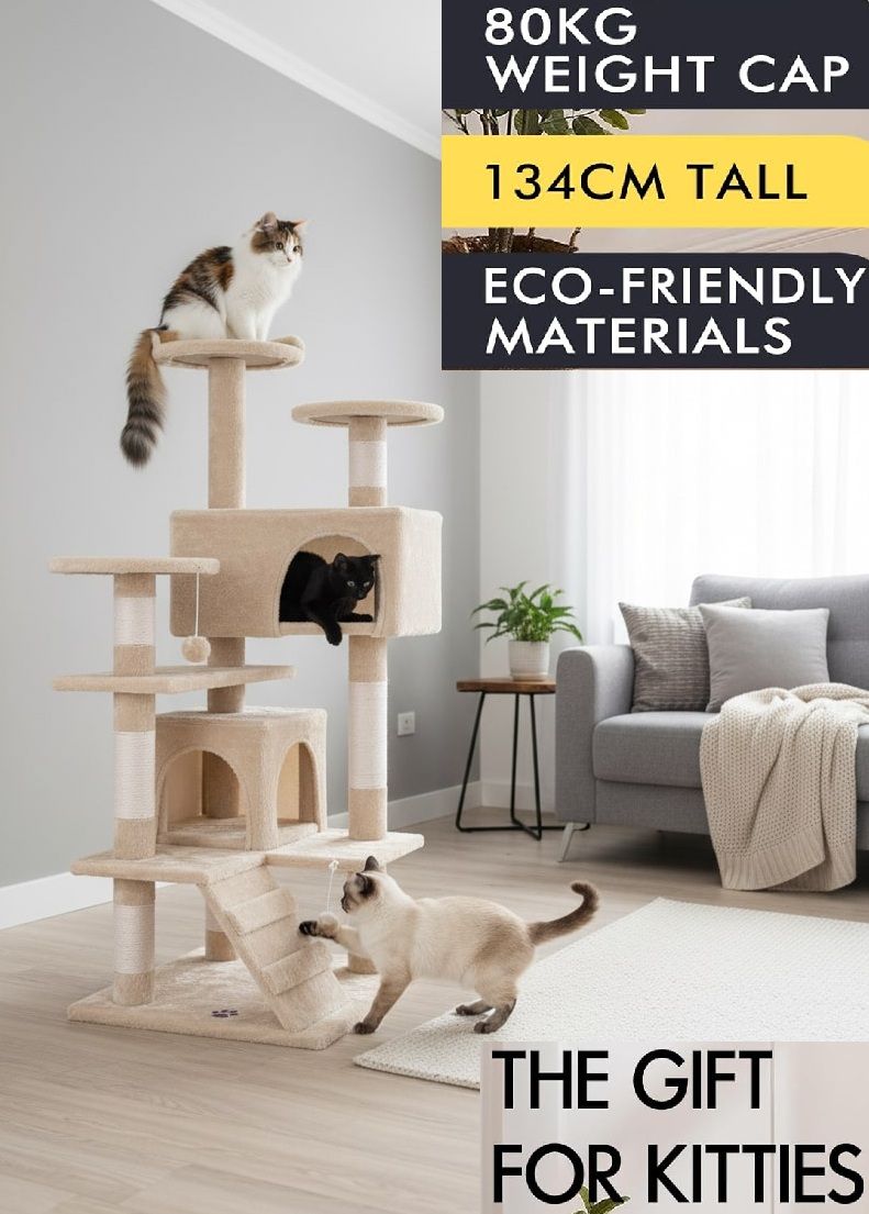 CARLA HOME 180cm Cat Tree Tower for Indoor Cats with Plush Perches, Dual Condos, Natural Sisal Scratching Posts & Ramp for Kittens & Adult Cats Beige