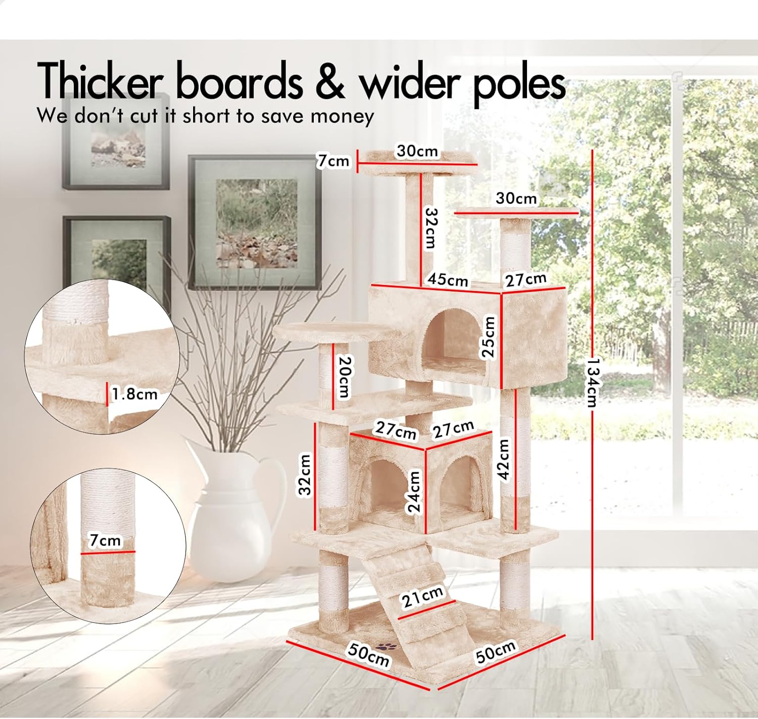 CARLA HOME 180cm Cat Tree Tower for Indoor Cats with Plush Perches, Dual Condos, Natural Sisal Scratching Posts & Ramp for Kittens & Adult Cats Beige