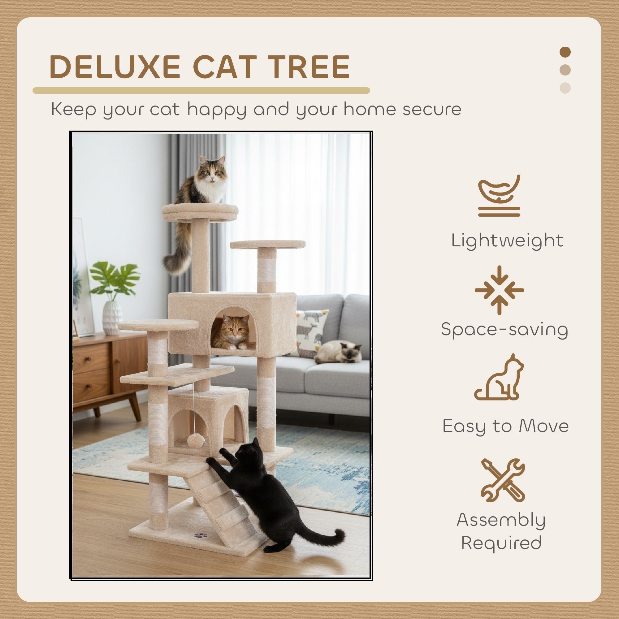 CARLA HOME 180cm Cat Tree Tower for Indoor Cats with Plush Perches, Dual Condos, Natural Sisal Scratching Posts & Ramp for Kittens & Adult Cats Beige