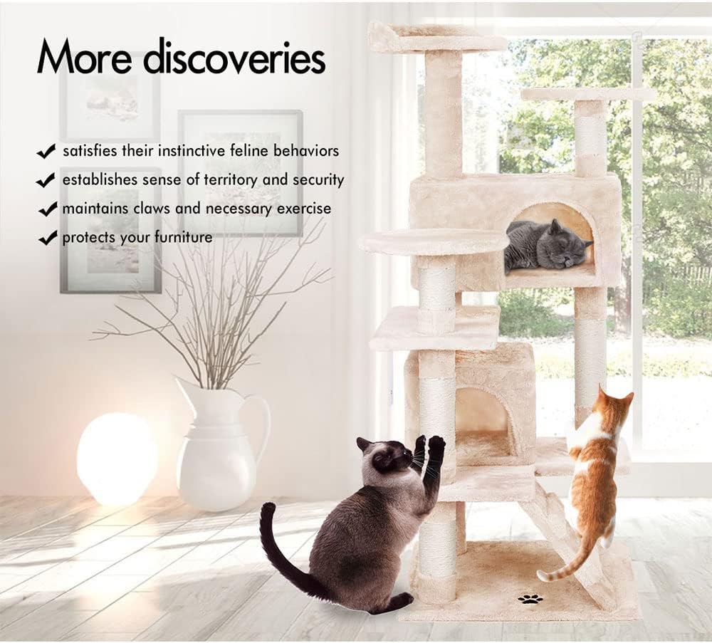 CARLA HOME 180cm Cat Tree Tower for Indoor Cats with Plush Perches, Dual Condos, Natural Sisal Scratching Posts & Ramp for Kittens & Adult Cats Beige