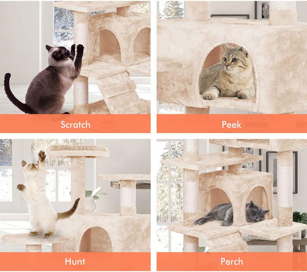 CARLA HOME 180cm Cat Tree Tower for Indoor Cats with Plush Perches, Dual Condos, Natural Sisal Scratching Posts & Ramp for Kittens & Adult Cats Beige