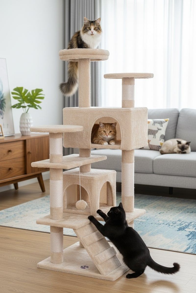 CARLA HOME 180cm Cat Tree Tower for Indoor Cats with Plush Perches, Dual Condos, Natural Sisal Scratching Posts & Ramp for Kittens & Adult Cats Beige