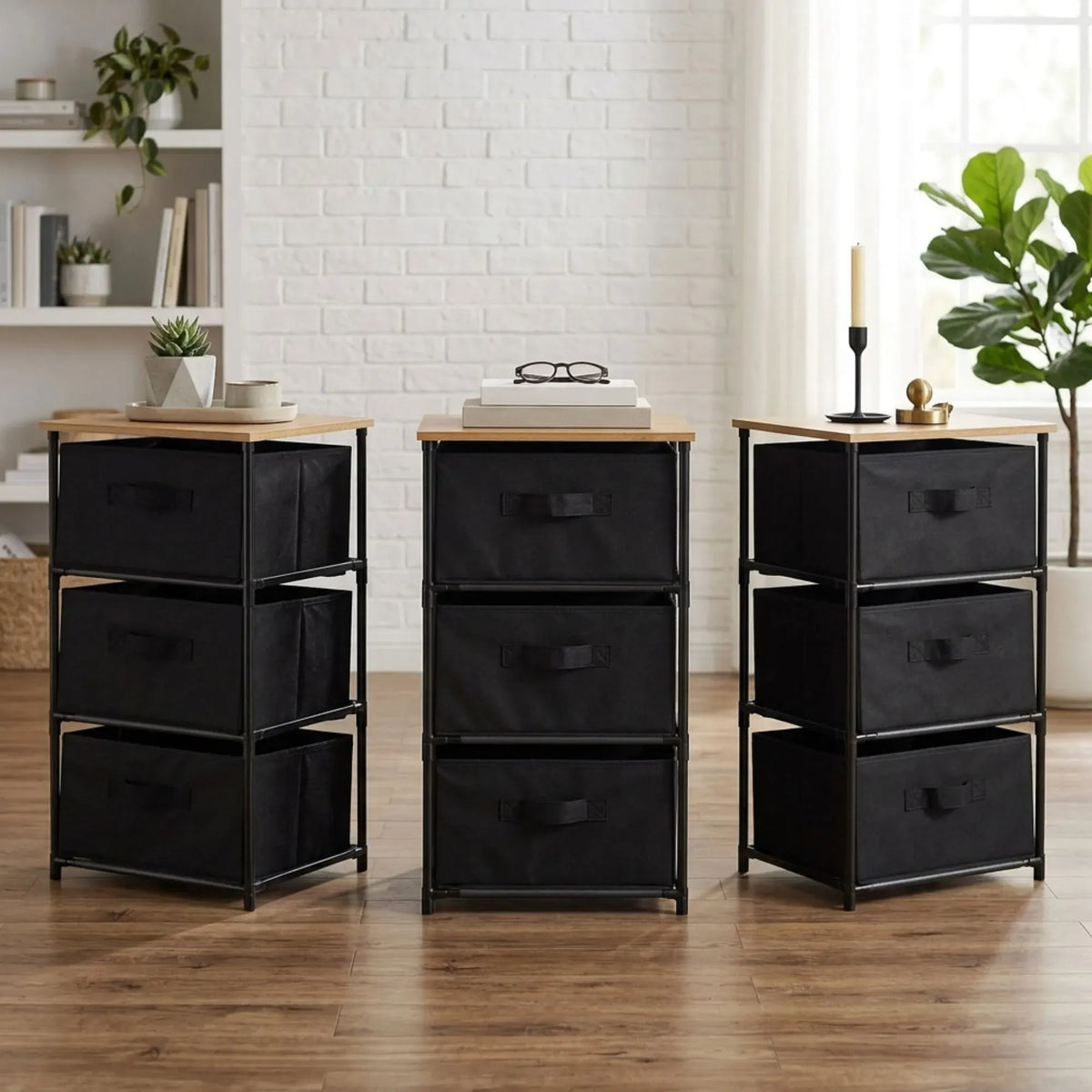 CARLA HOME 3 Drawer Fabric Storage Dresser - Steel Frame - Black - Storage Rack - Rustic