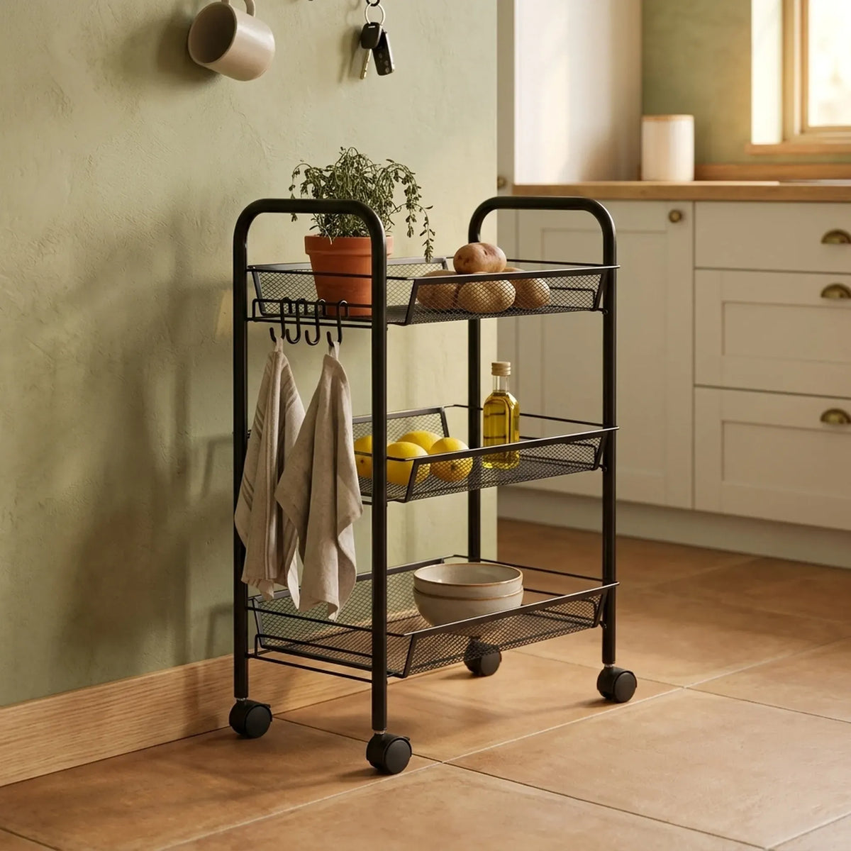 CARLA HOME 3 Tier Rolling Kitchen Trolley Cart - Metal Mesh - Black - Basic - Steel