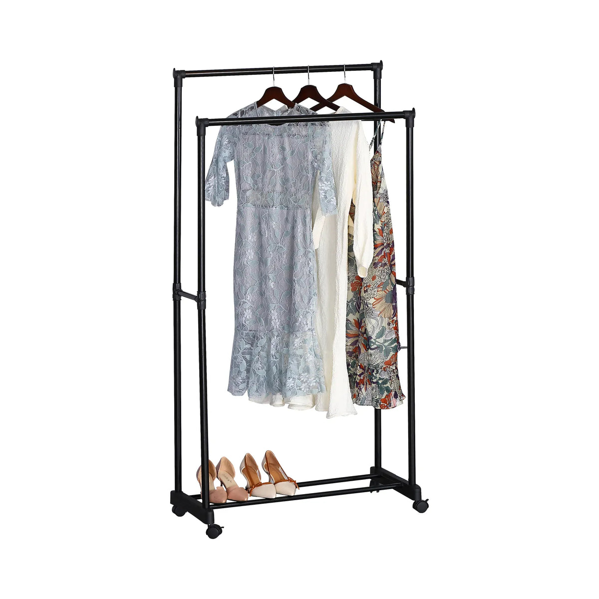 CARLA HOME Double Rod Garment Rack with Wheels - Black - Basic - Steel - Double Rod Clothes