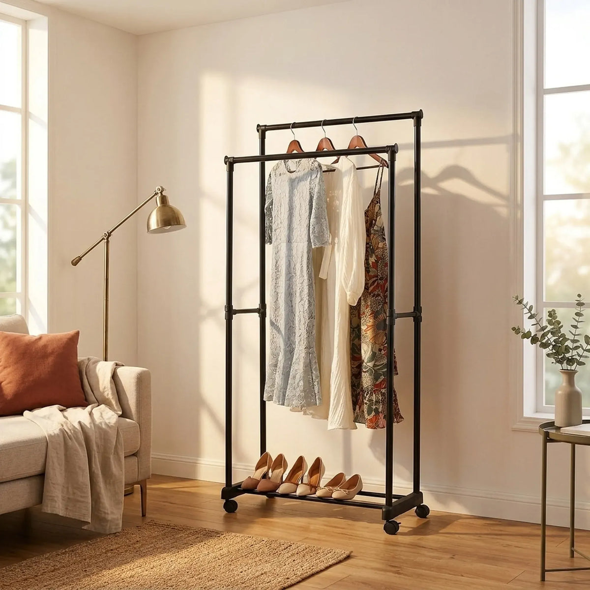 CARLA HOME Double Rod Garment Rack with Wheels - Black - Basic - Steel - Double Rod Clothes