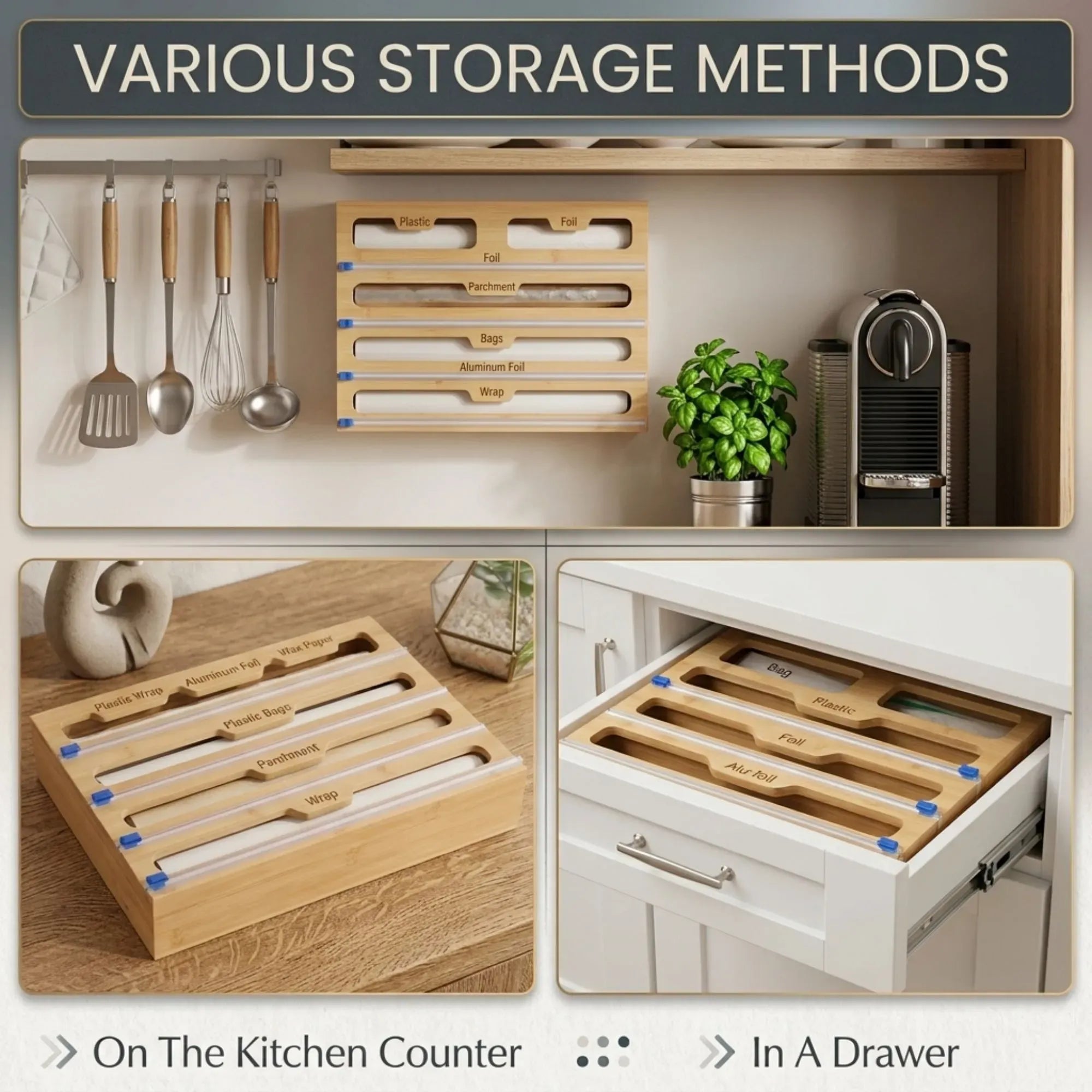 CARLA HOME Bamboo Wrap Organiser, 5 in 1 Dispenser with Cutter for Kitchen