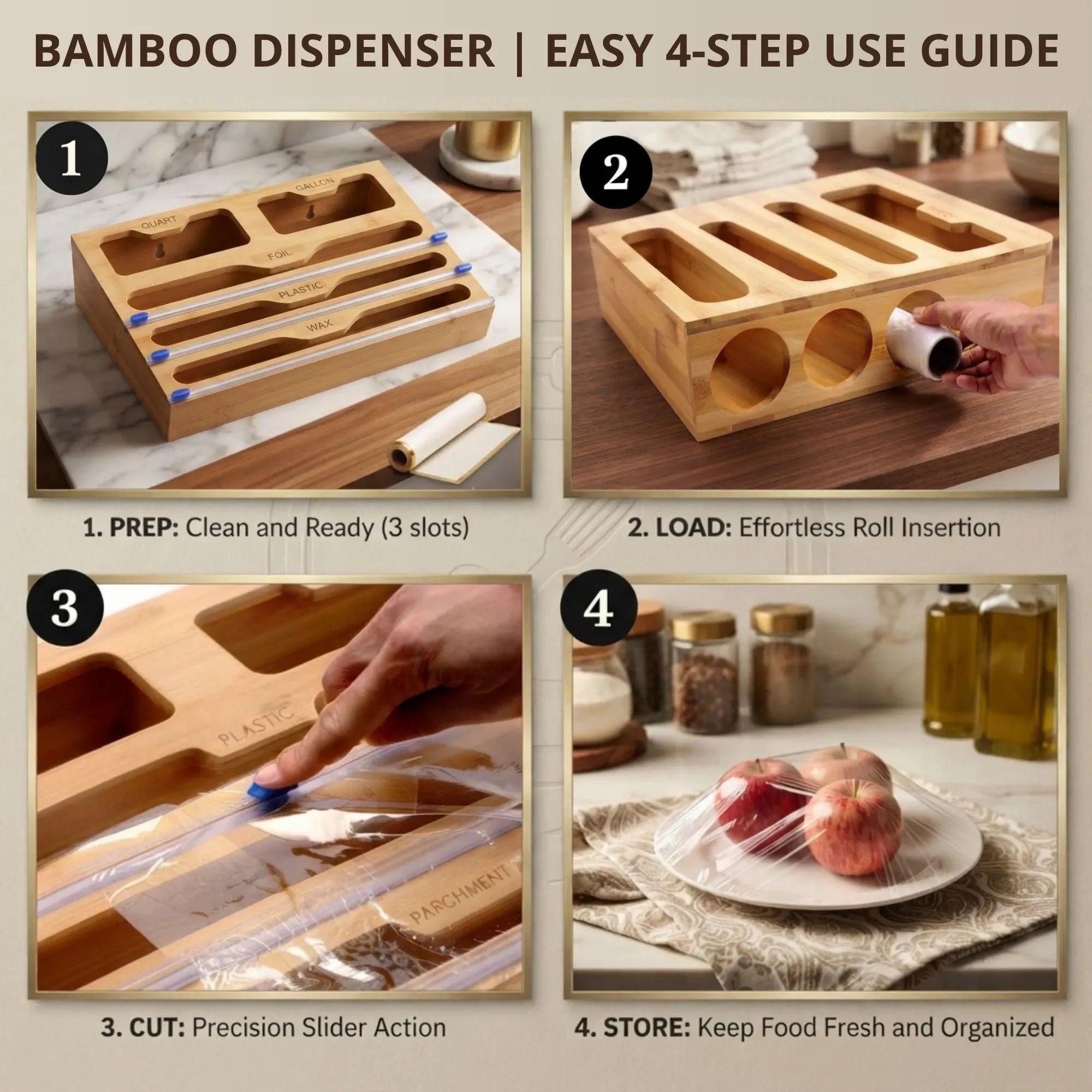 CARLA HOME Bamboo Wrap Organiser, 5 in 1 Dispenser with Cutter for Kitchen