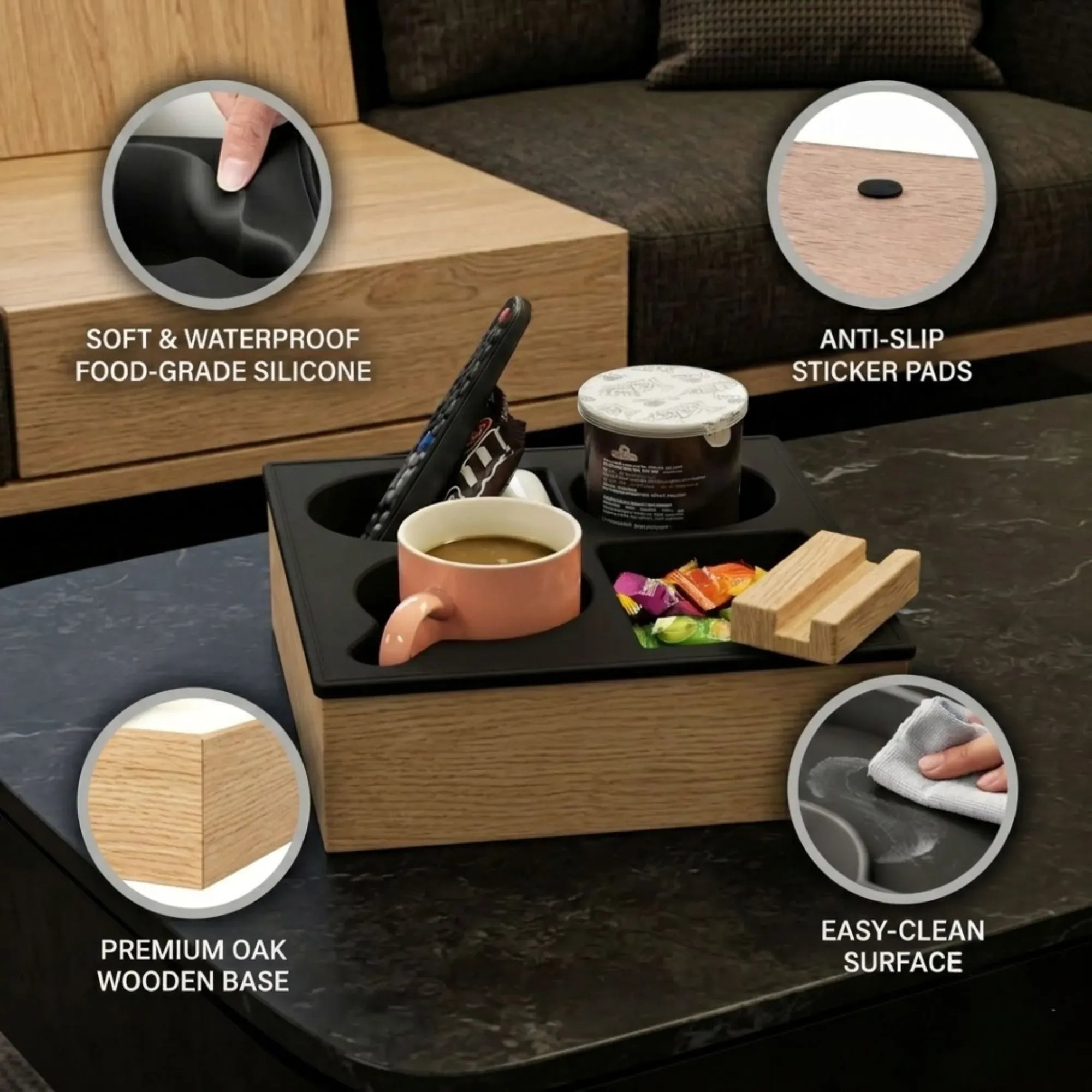 CARLA HOME Couch Cup Holder Tray, Wood Sofa Caddy, Antislip , Living Room