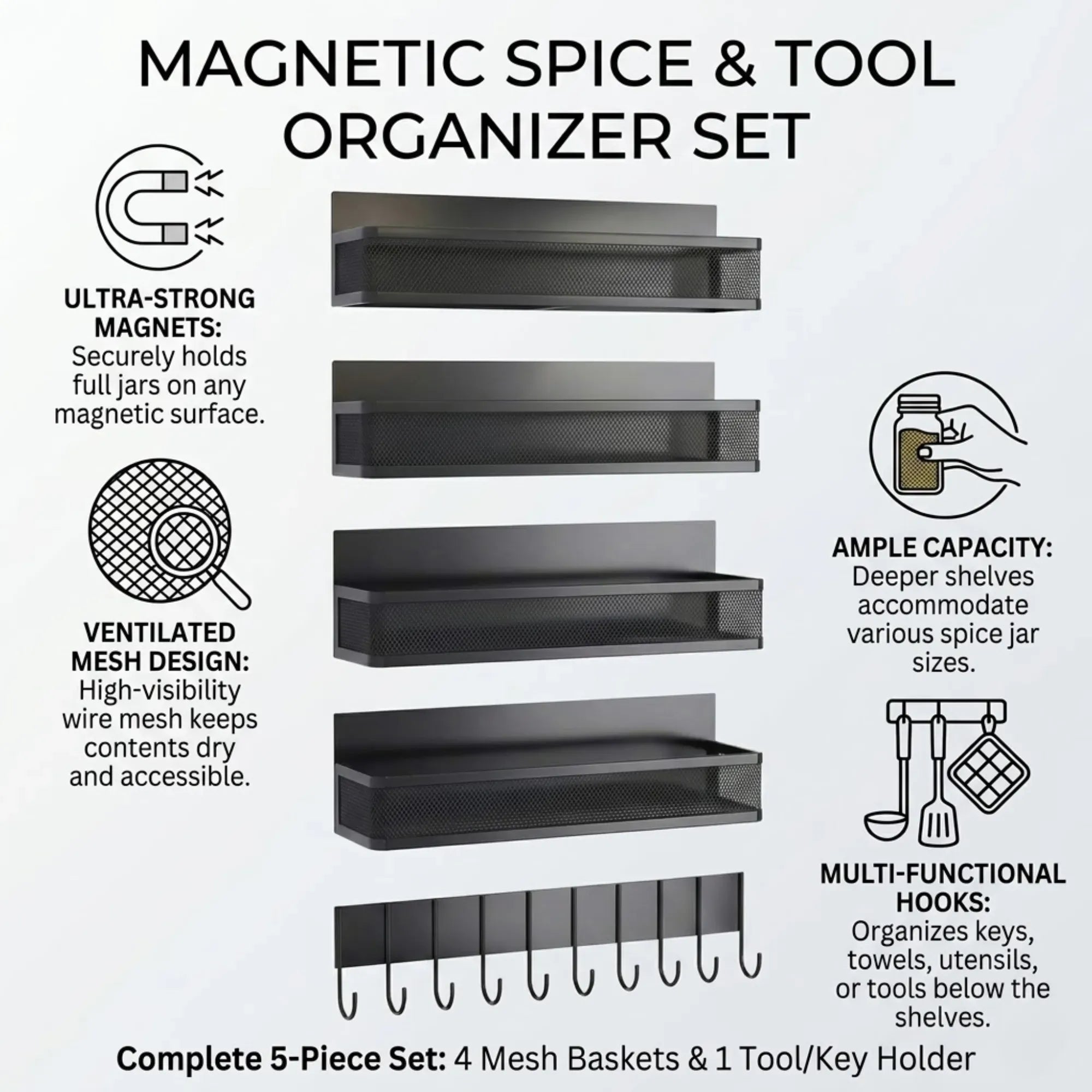 CARLA HOME 5 Pack Magnetic Spice Rack for Fridge Kitchen with Hook Bar