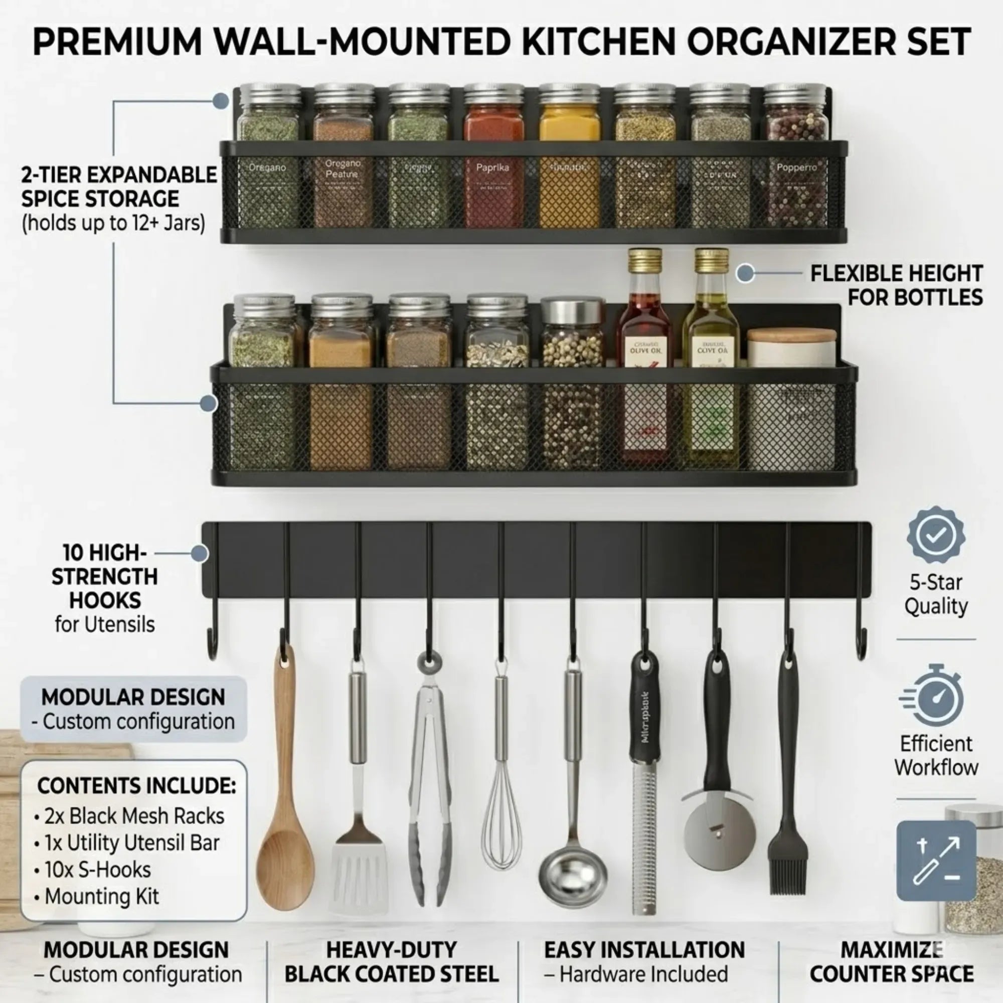 CARLA HOME 3 Pack Magnetic Spice Rack for Fridge Kitchen with Hook Bar