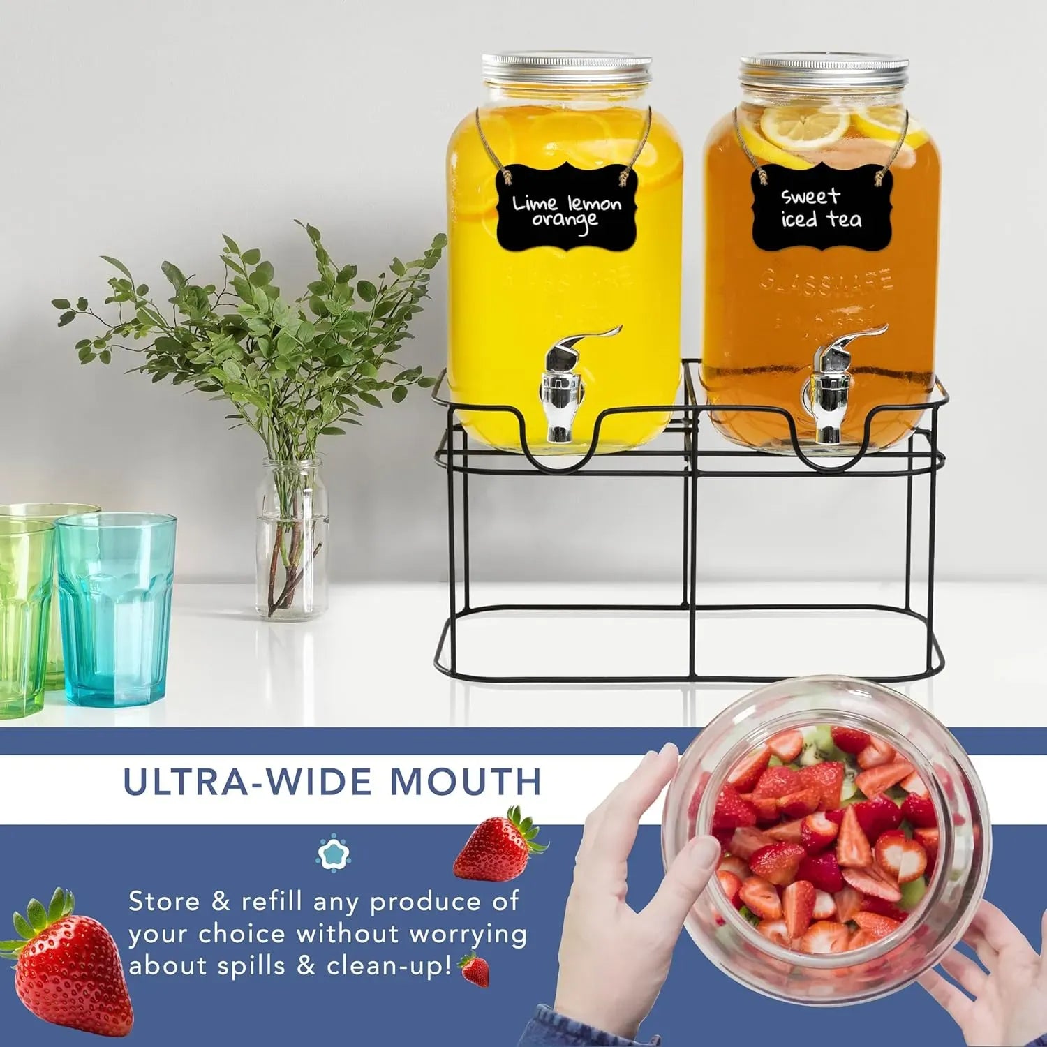 CARLA HOME 2 Pack Glass Drink Dispensers with Juice Pot Stand - 4L