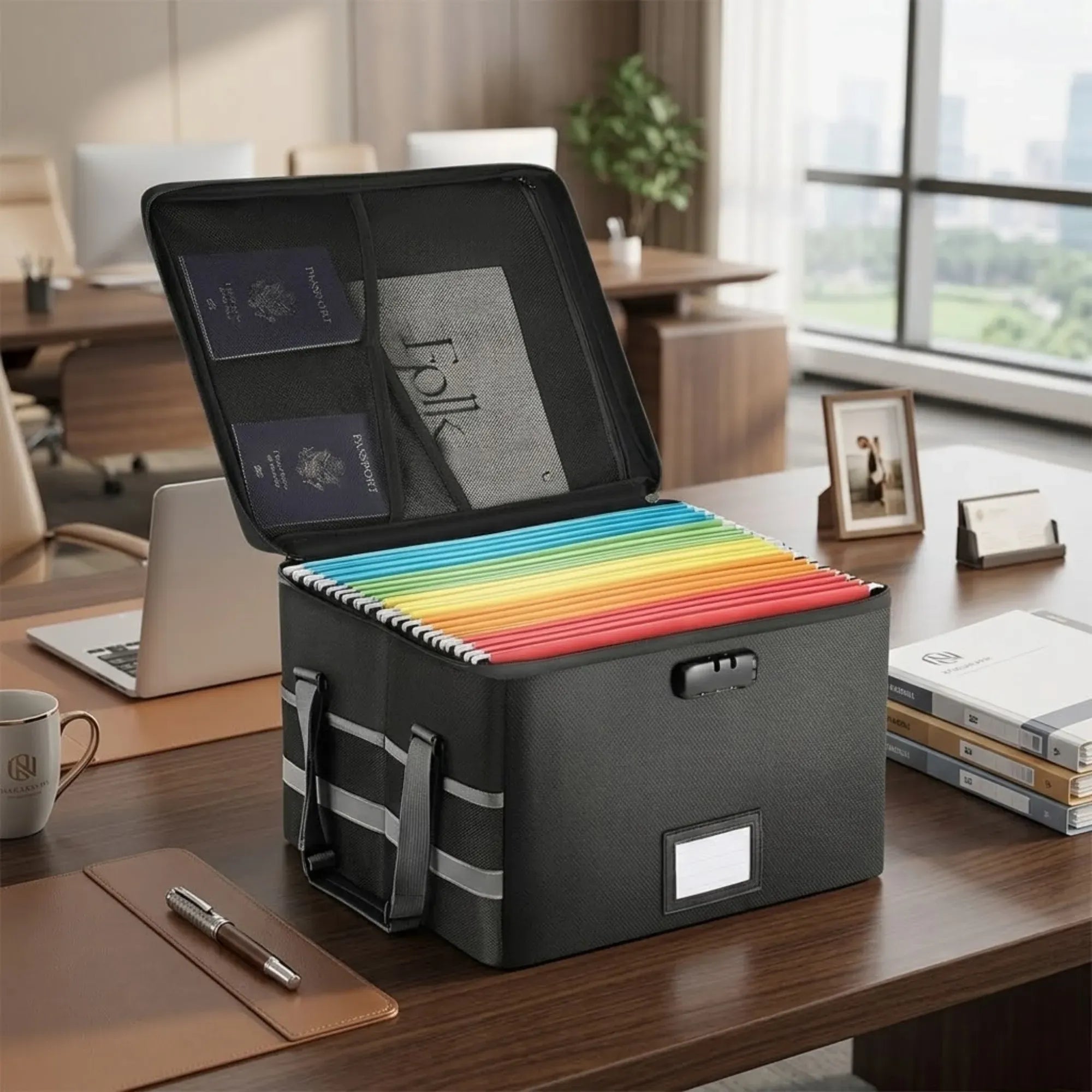 CARLA HOME Fireproof Document Box with Lock - Collapsible Black - Glass Fiber - Reflective Strip Design