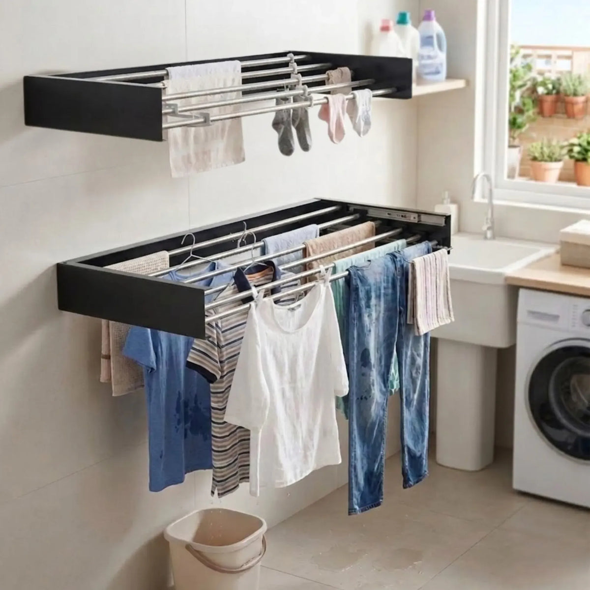CARLA HOME Wall Mounted Clothes Drying Rack - Foldable - Balcony Folding Clothes - Black