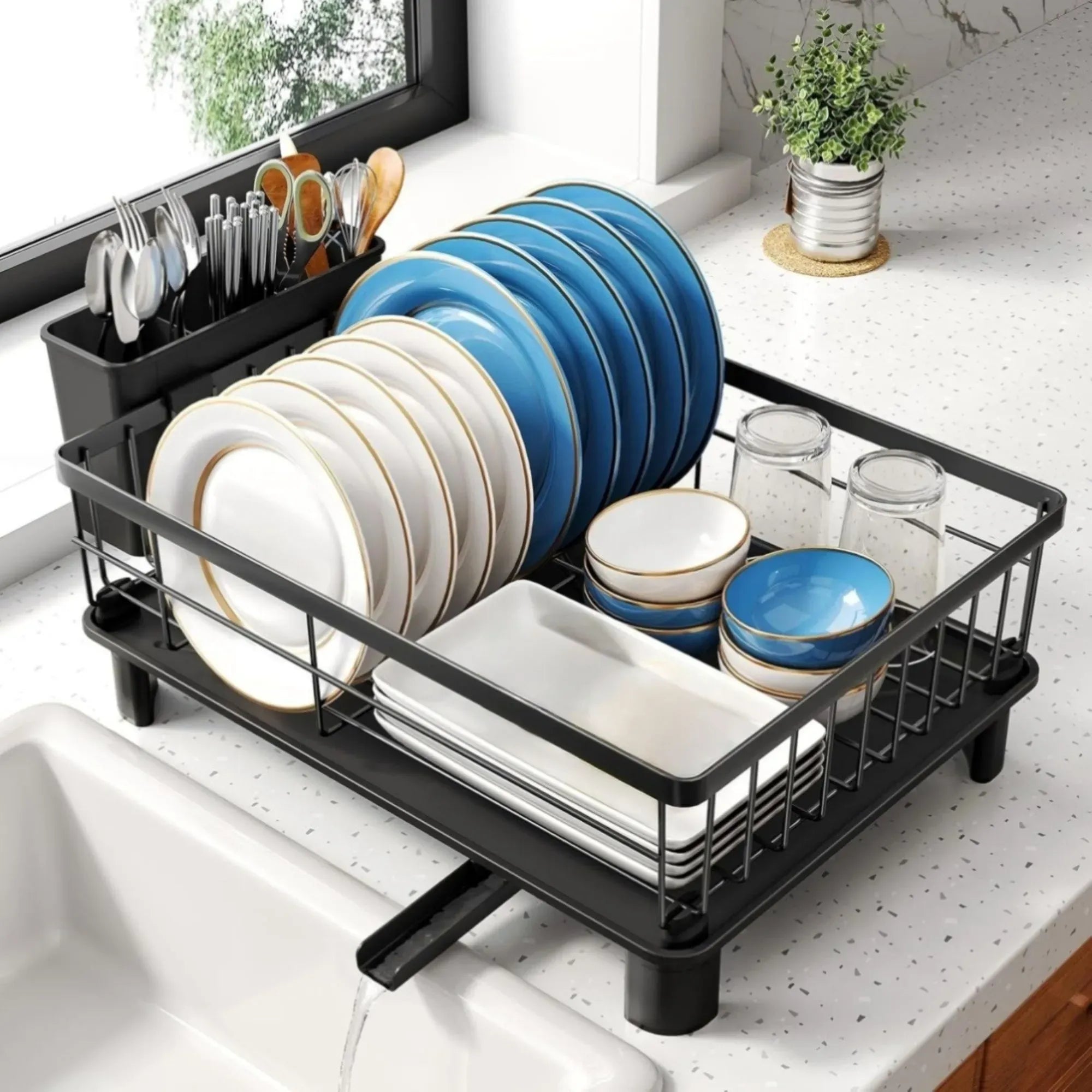 CARLA HOME Dish Drying Rack with Drainboard & Utensil Holder for Kitchen Black