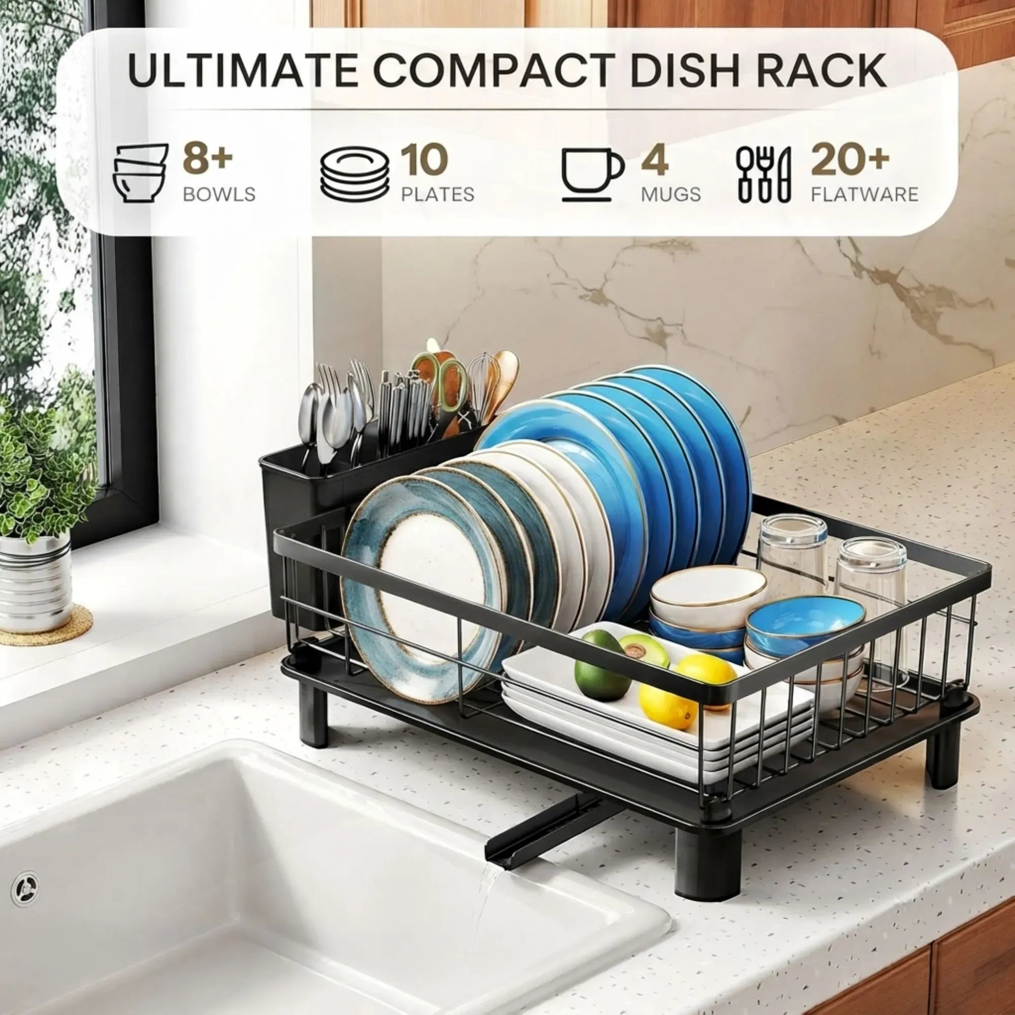 CARLA HOME Dish Drying Rack with Drainboard & Utensil Holder for Kitchen Black