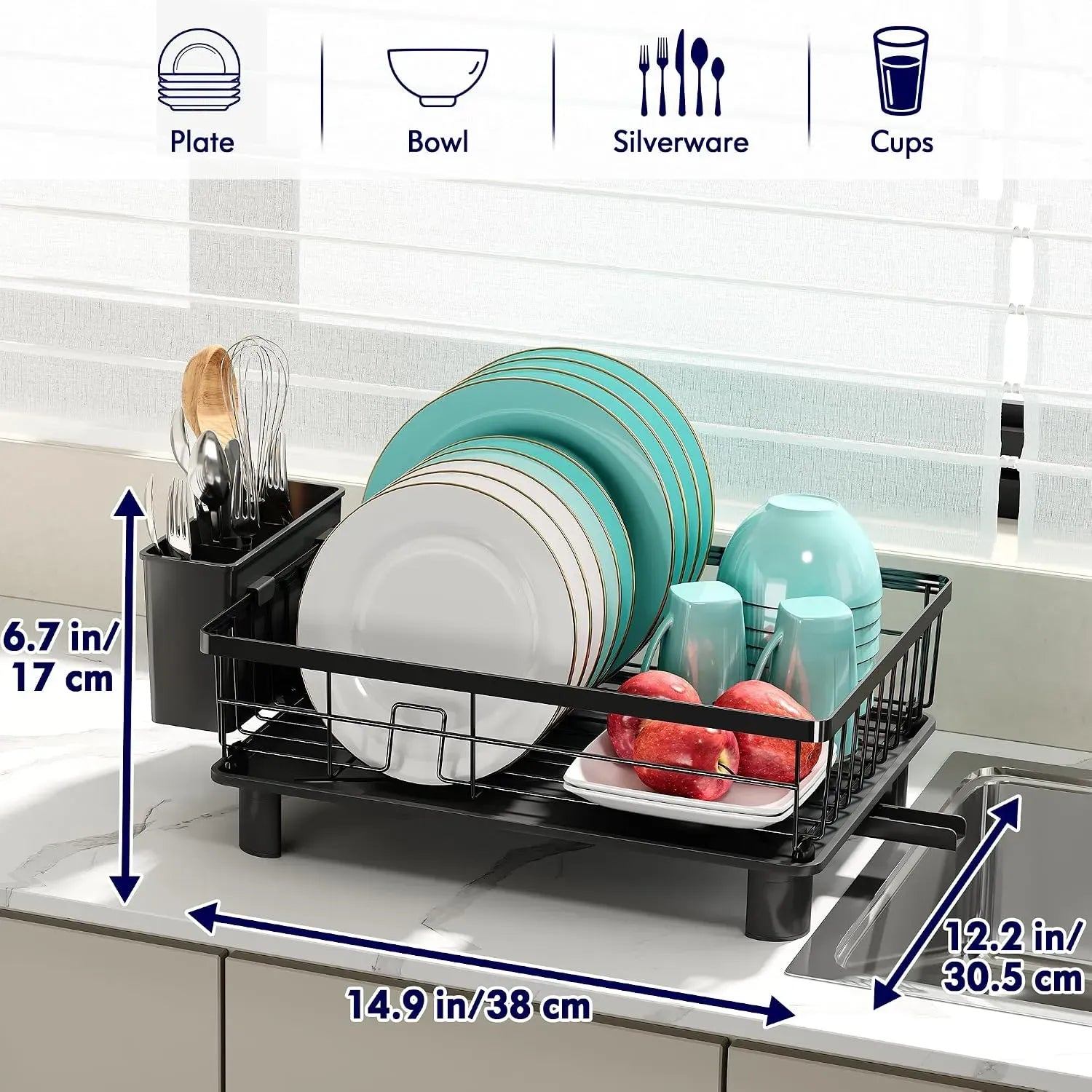 CARLA HOME Dish Drying Rack with Drainboard & Utensil Holder for Kitchen Black