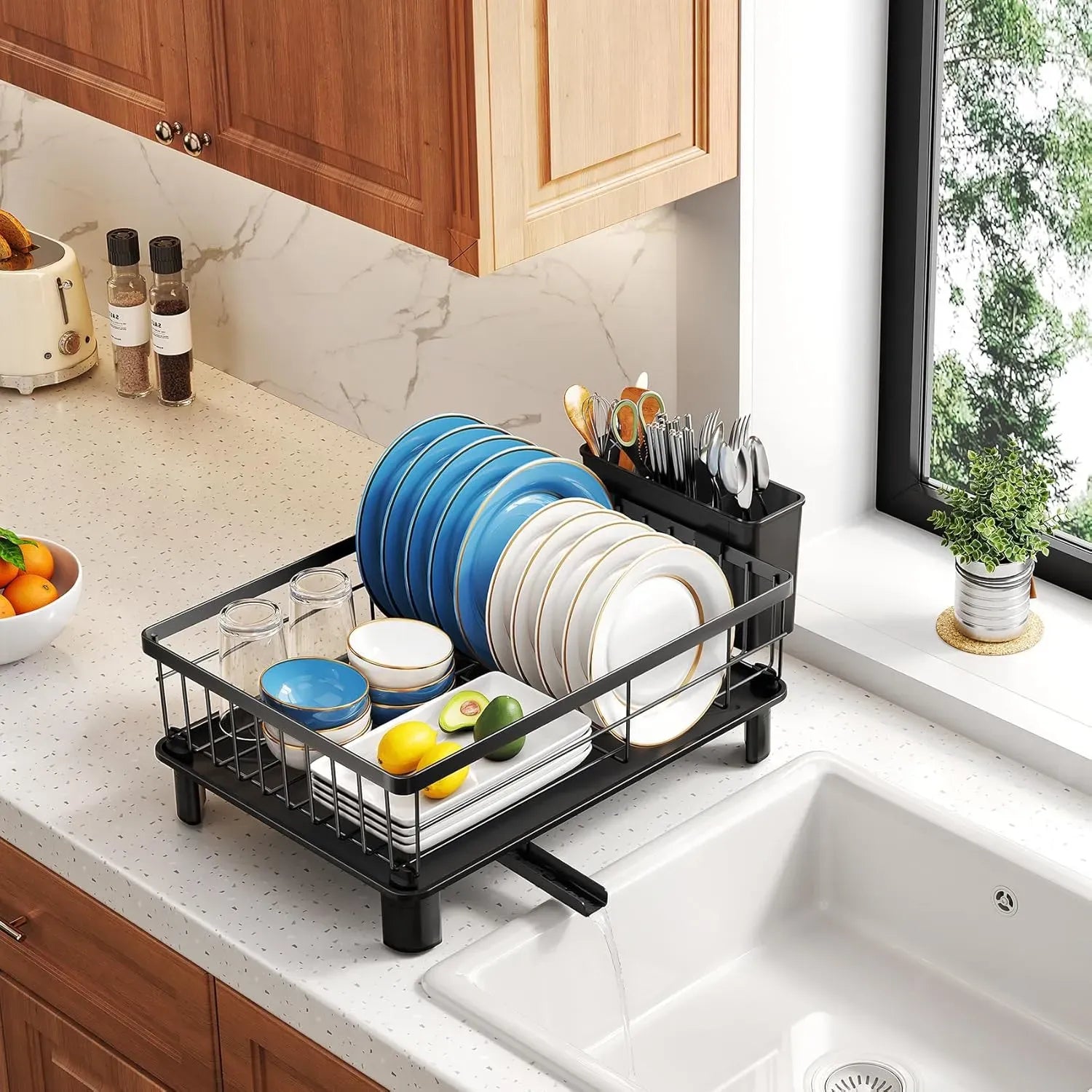 CARLA HOME Dish Drying Rack with Drainboard & Utensil Holder for Kitchen Black